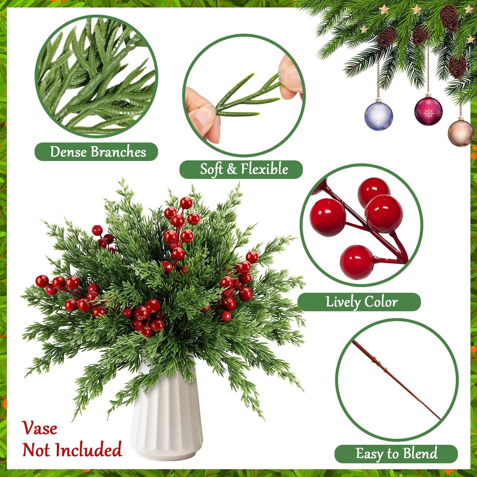 45 PCS Artificial Norfolk Pine Stems with Red Berries Decor, Christmas Greene…