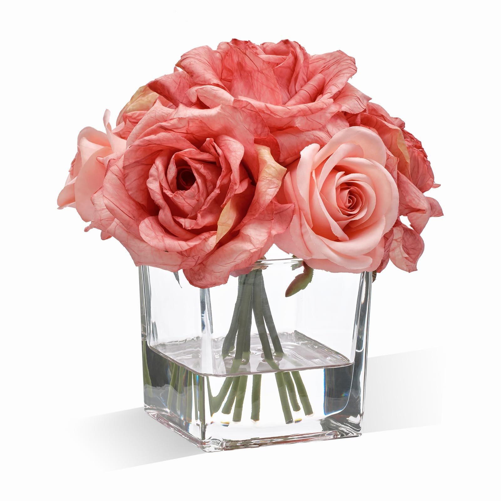 Artificial Silk Rose Flower In Vase With Faux Water Pink Table Centerpiece