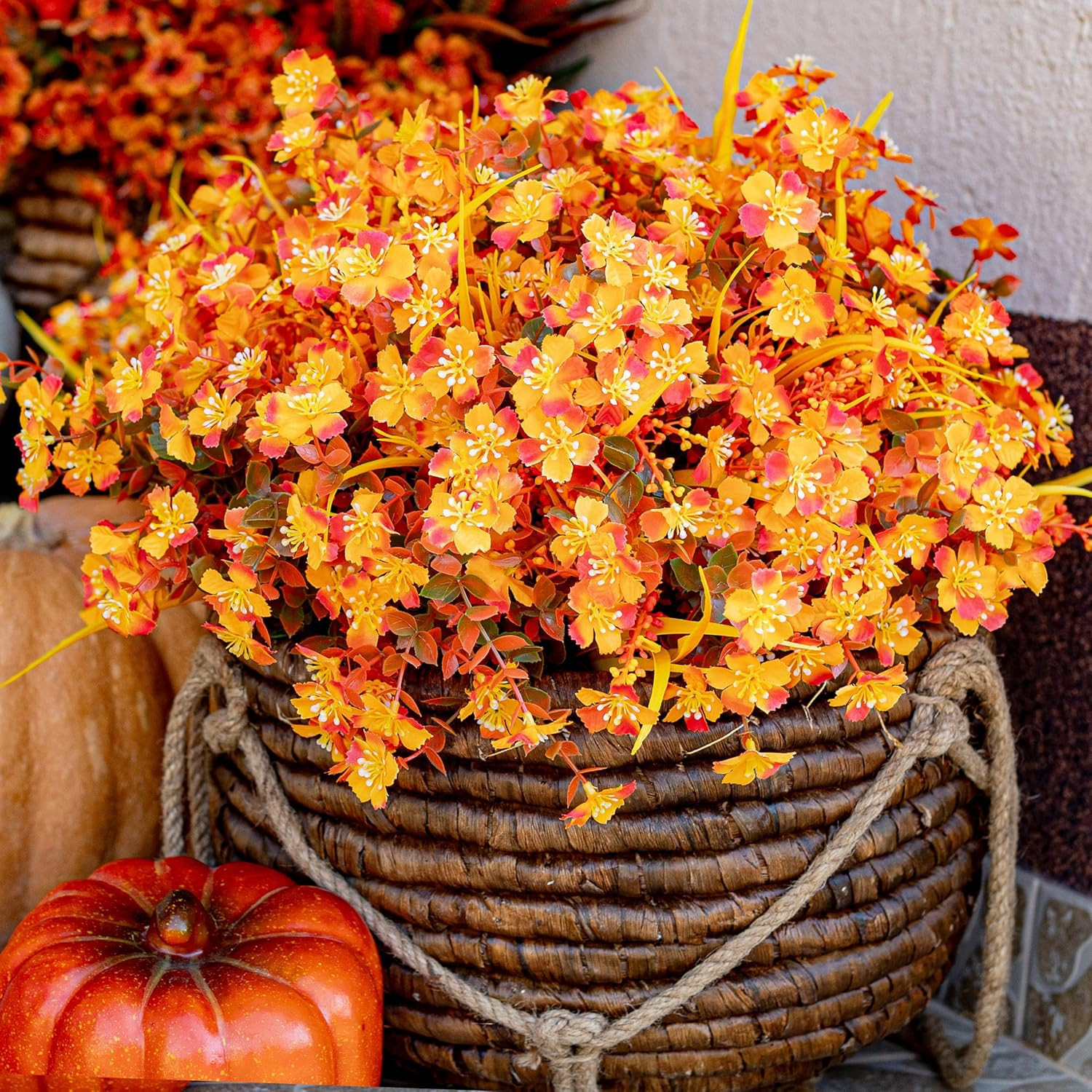 12 Bundles Artificial Fall Mums UV Resistant Fake Plant Porch Patio Decor Orange