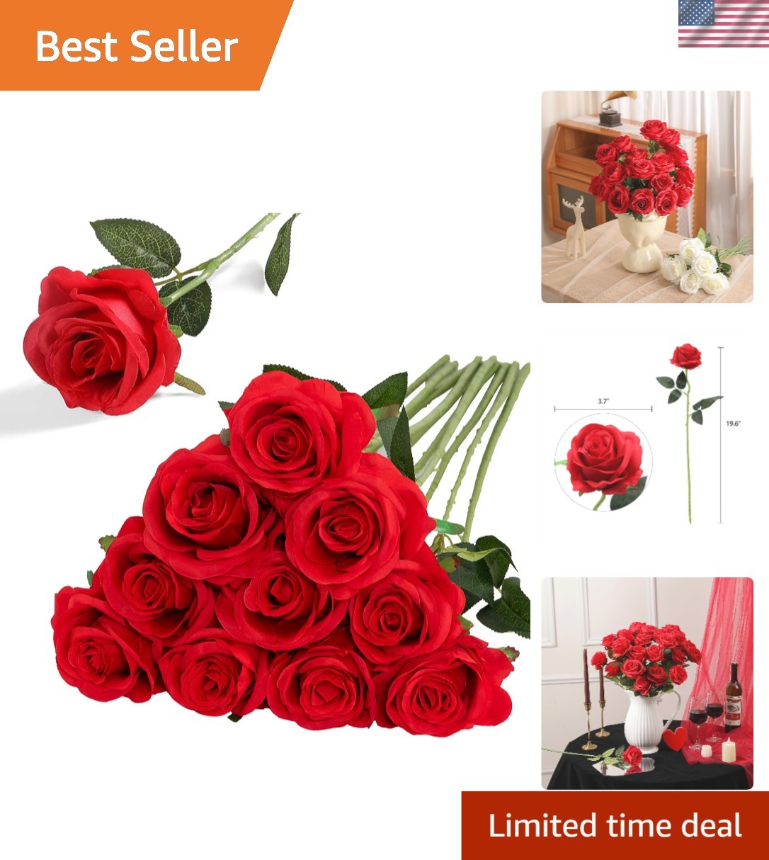 10-Piece Artificial Red Roses – Luxurious Silk Flowers for Weddings & Gifts