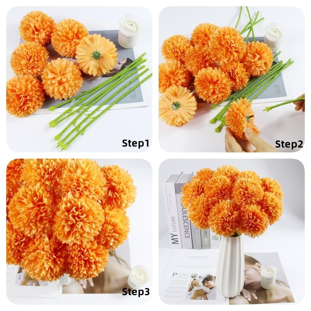 12 PCS Orange Artificial Silk Chrysanthemum Mums Fake Ball Flowers Decor