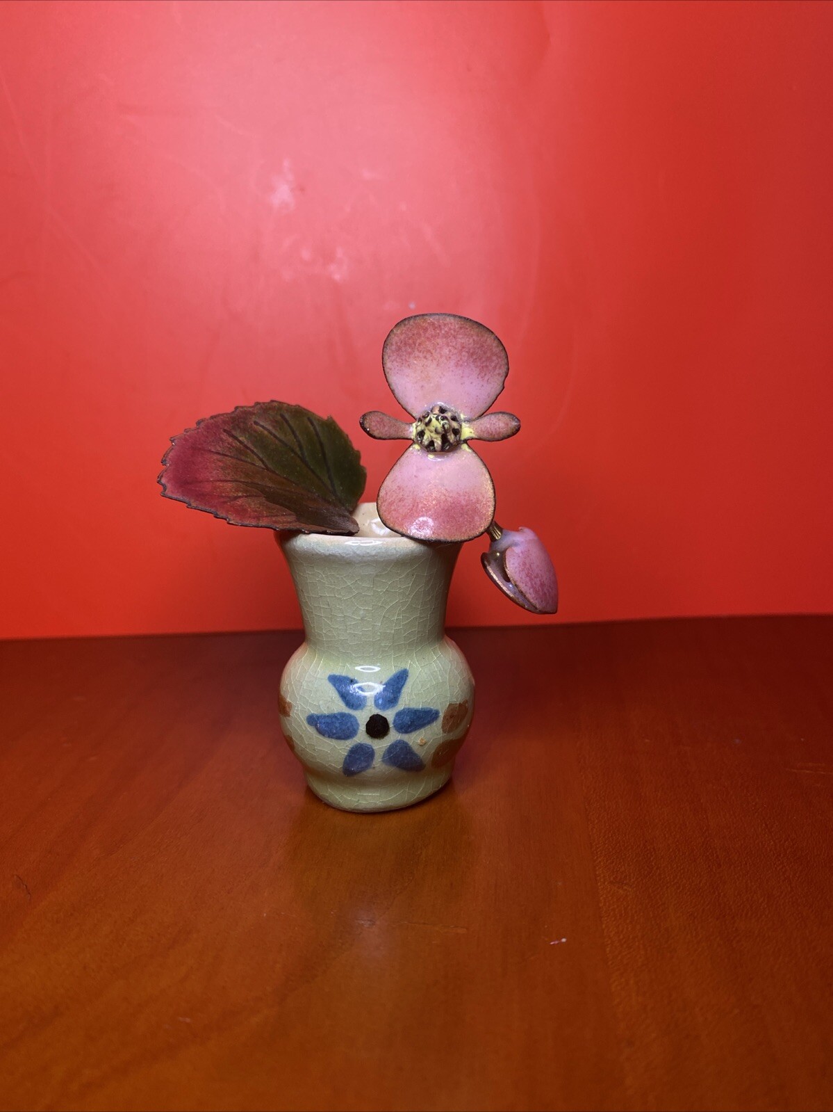 Mini Enamel & Metal Floral Arrangement in Glazed Planter