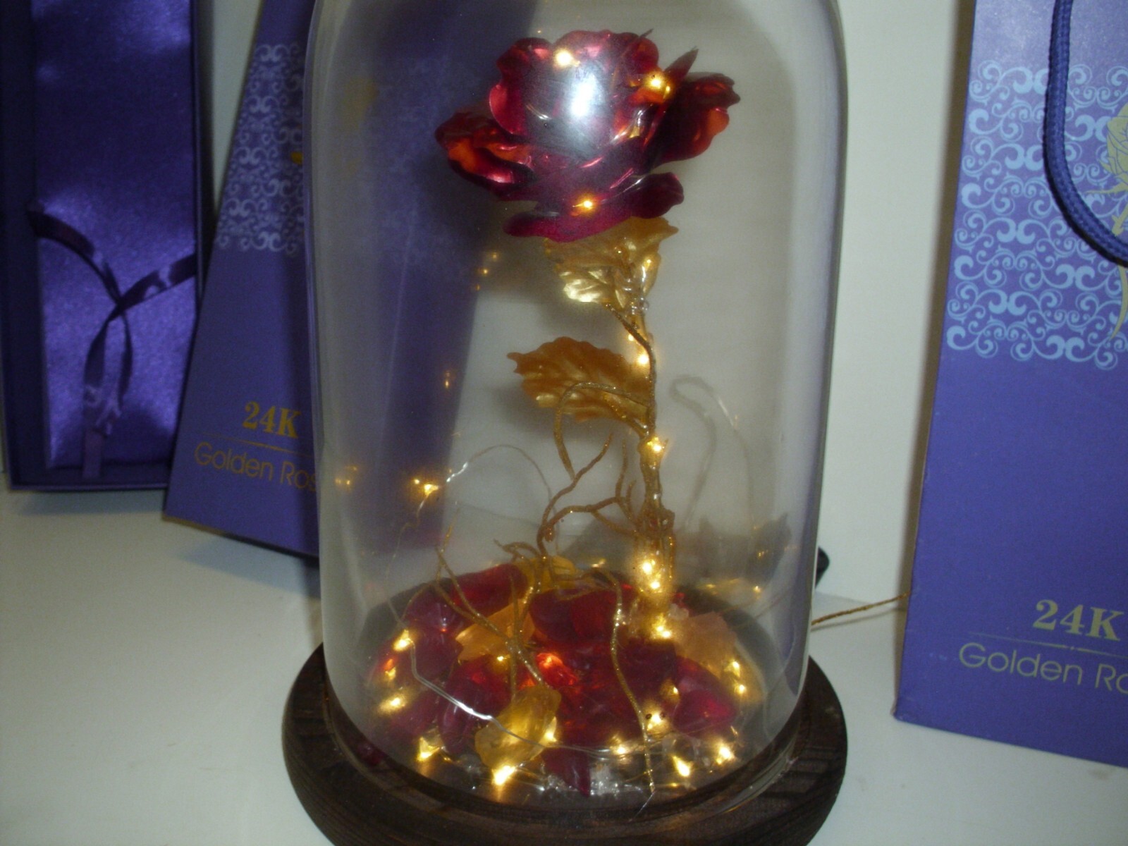 24K Golden Rose Gold Dipped Rose Box,Bag,Lights Heavy Crystal Dome Oak Base