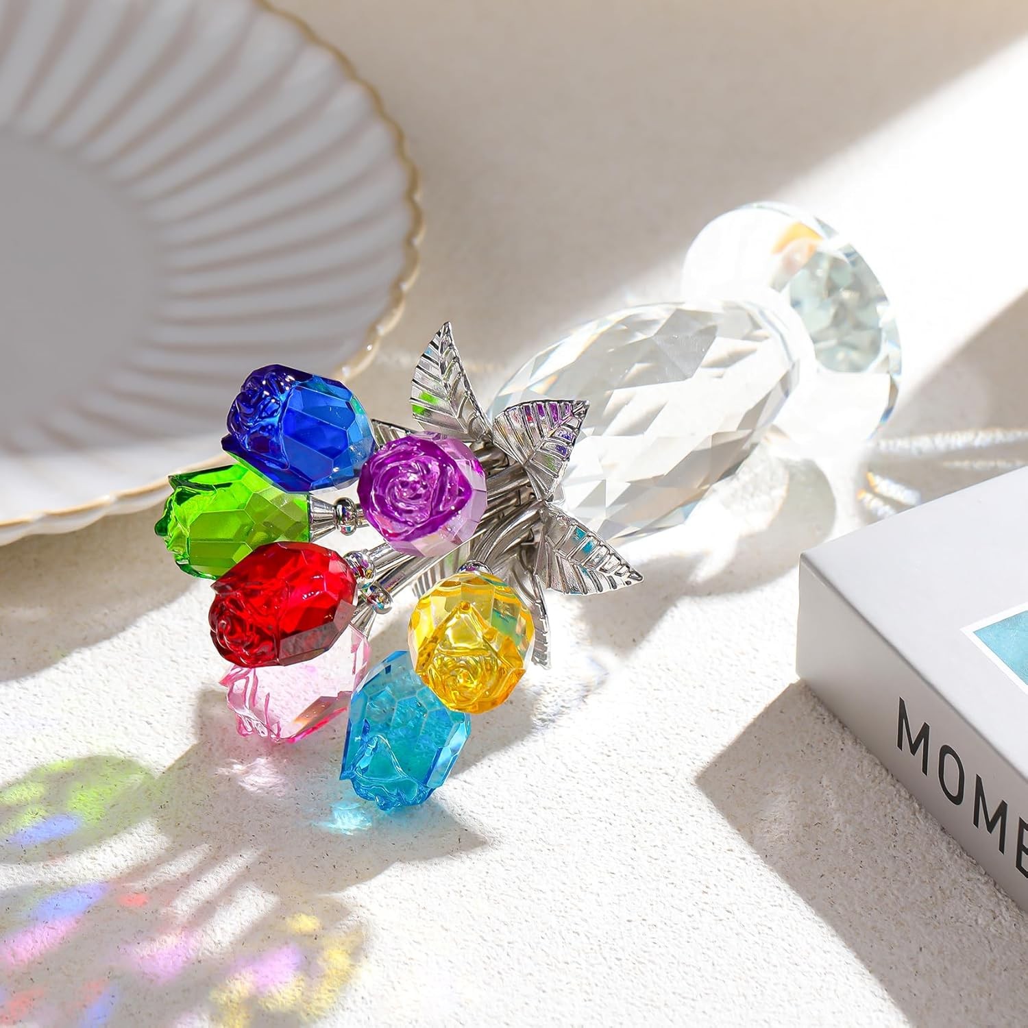 Crystal Colorful Rose Flower Bouquet Figurine with Vase, Handmade Romantic Glass