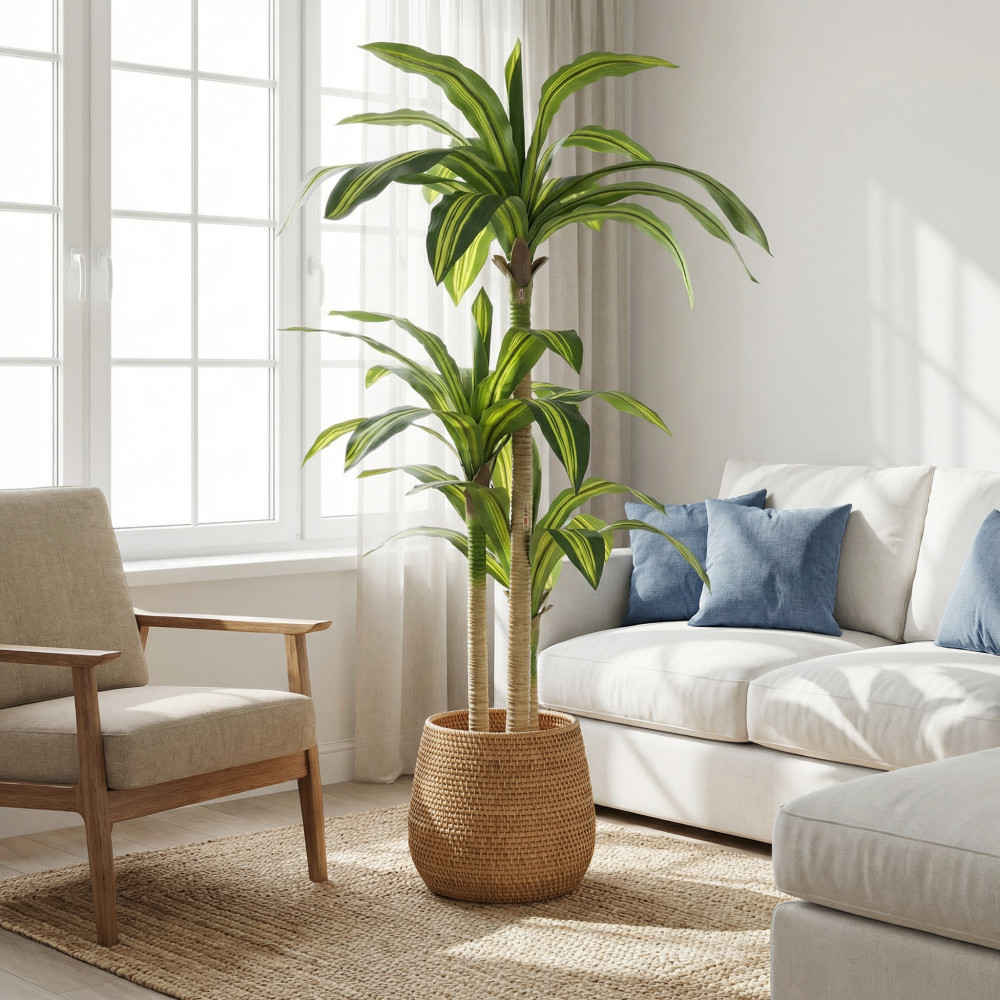 Tall Artificial Dracaena Tree in Black Pot, Green Leaves, Easy Assembly