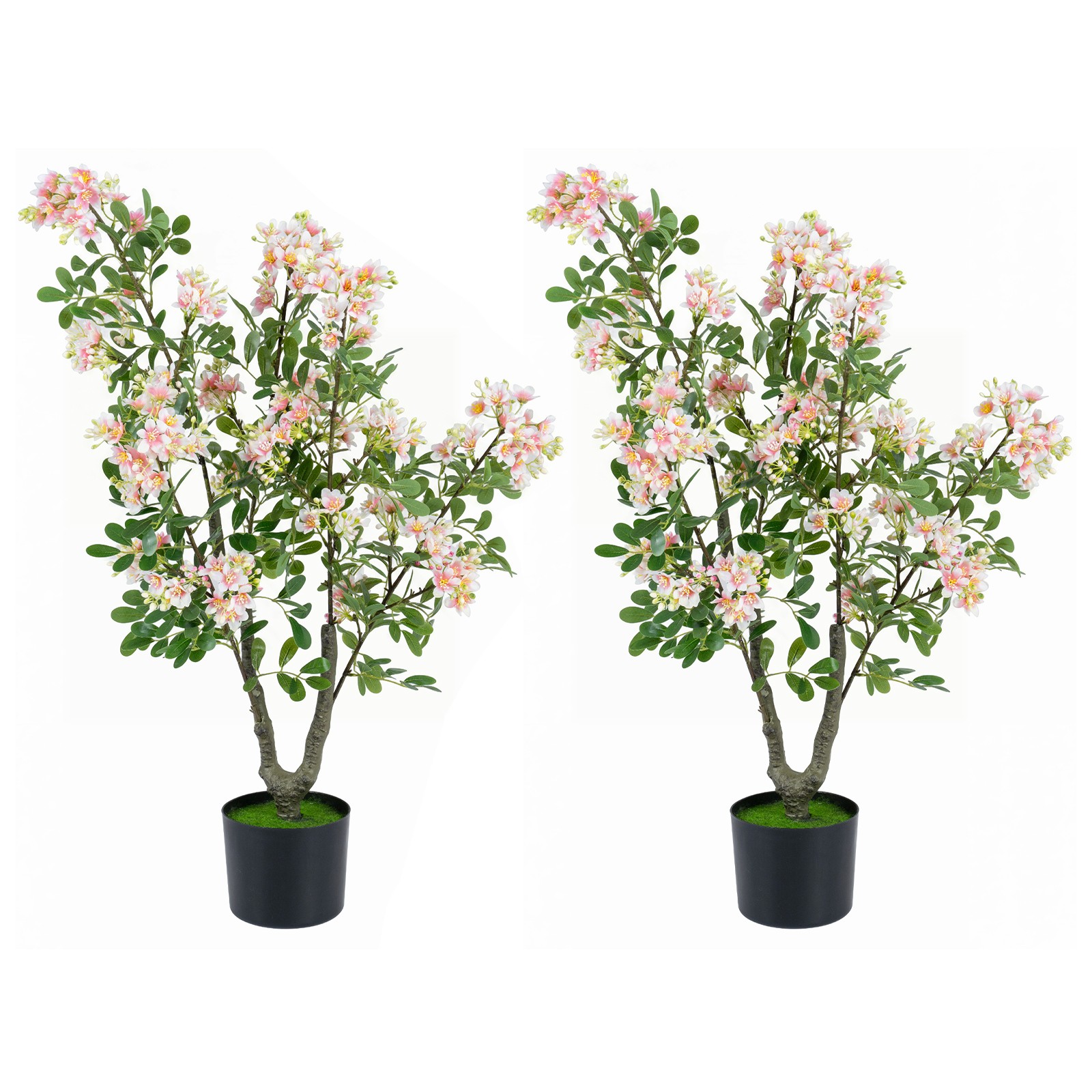 2PCS 36” Artificial Impatiens Blossom Tree w/Mini Fruits, Faux Grass for Porch