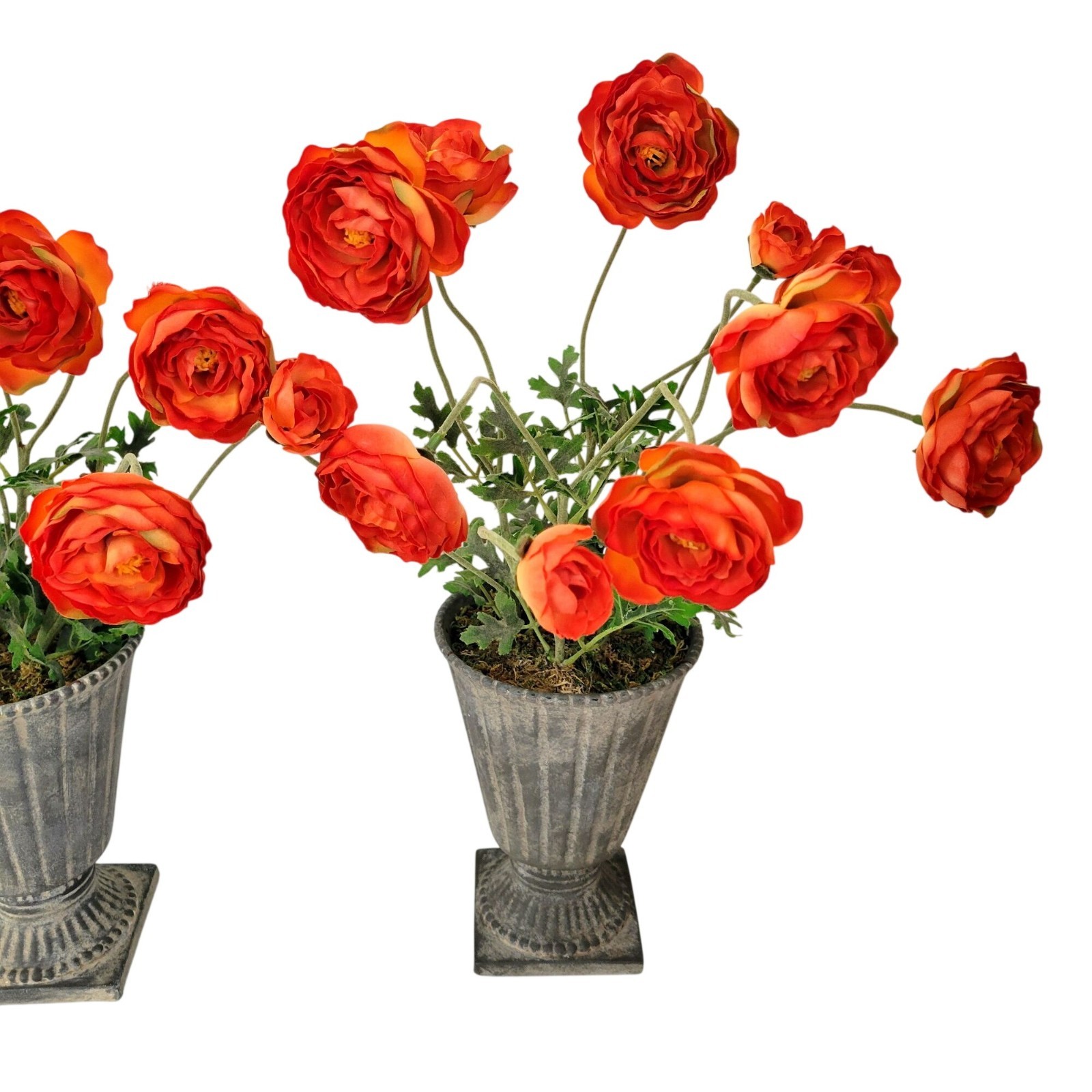 Pair Of Artificial Ranunculus Flowers In Aged Metal Look Ceramic Urn Planters Vi