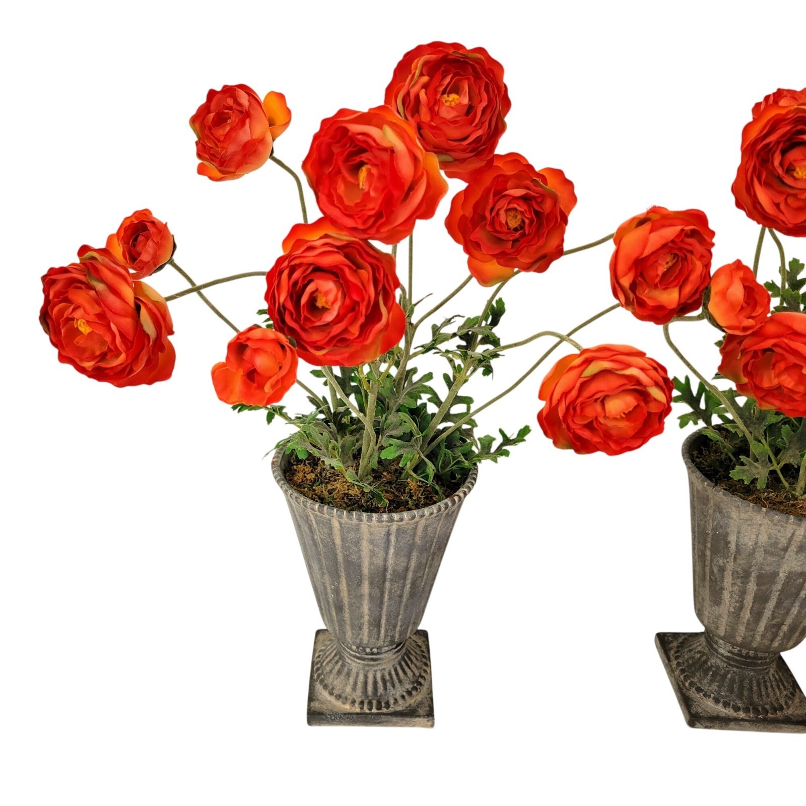 Pair Of Artificial Ranunculus Flowers In Aged Metal Look Ceramic Urn Planters Vi