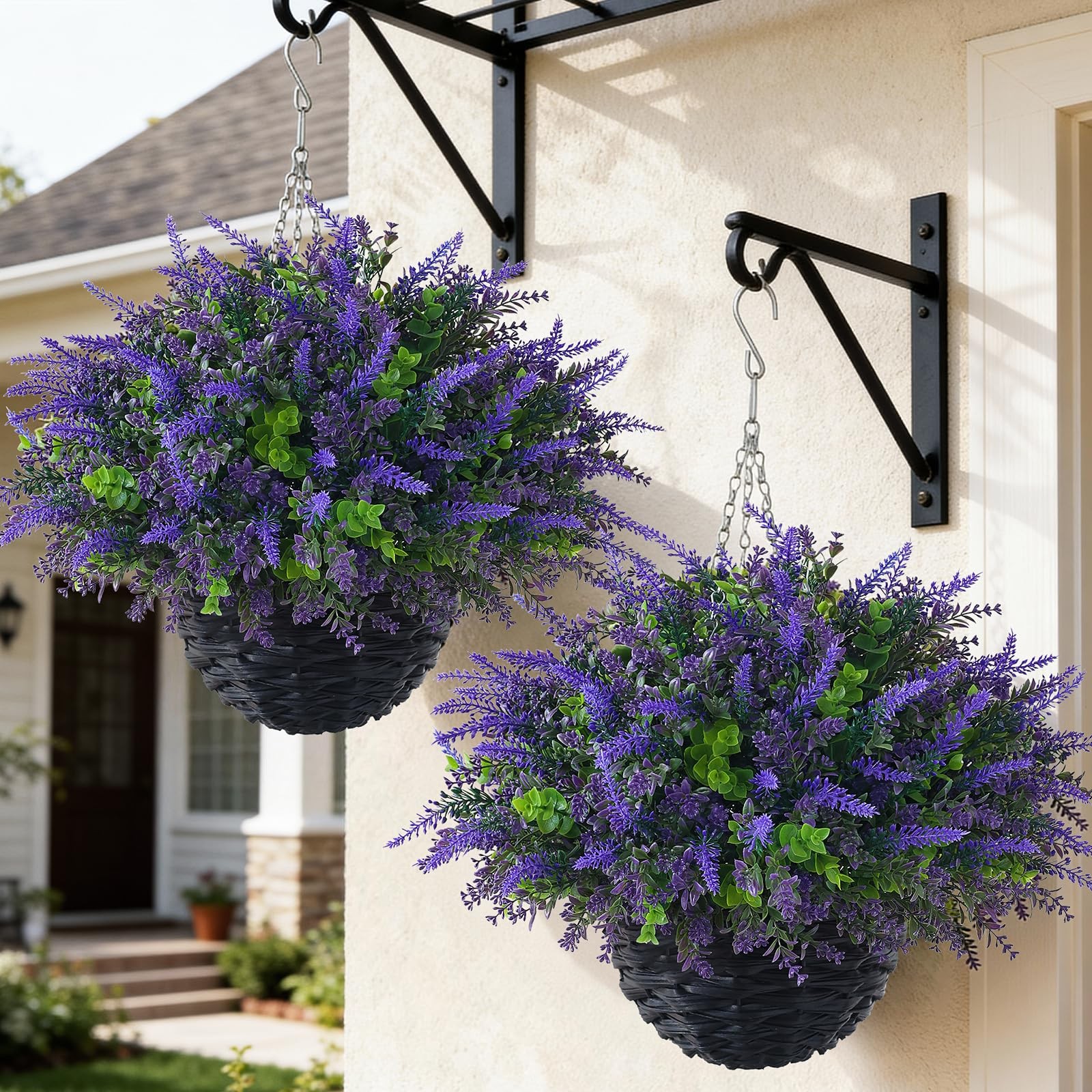 VIERENA 2 Sets Artificial Lavende & Eucalyptus Leaves Hanging Basket for Outd…