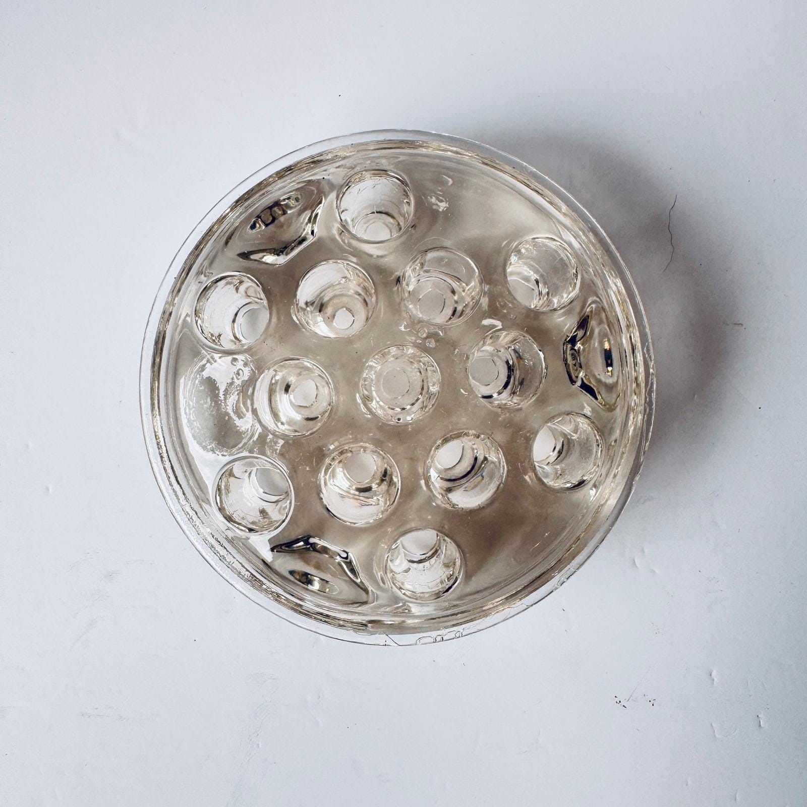 Vintage Clear Glass Flower Frog 13 Hole Domed Floral Stem Holder Heavy Glass