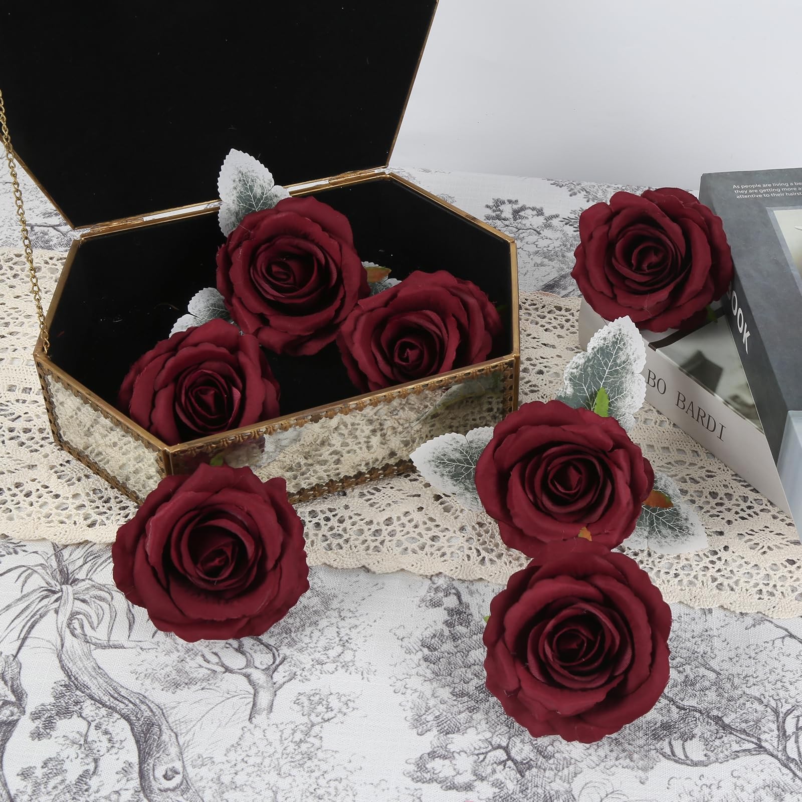 16 PCS Burgundy 3.54″ Realistic Artificial Silk Velvet Fake Roses Bulk Flowers