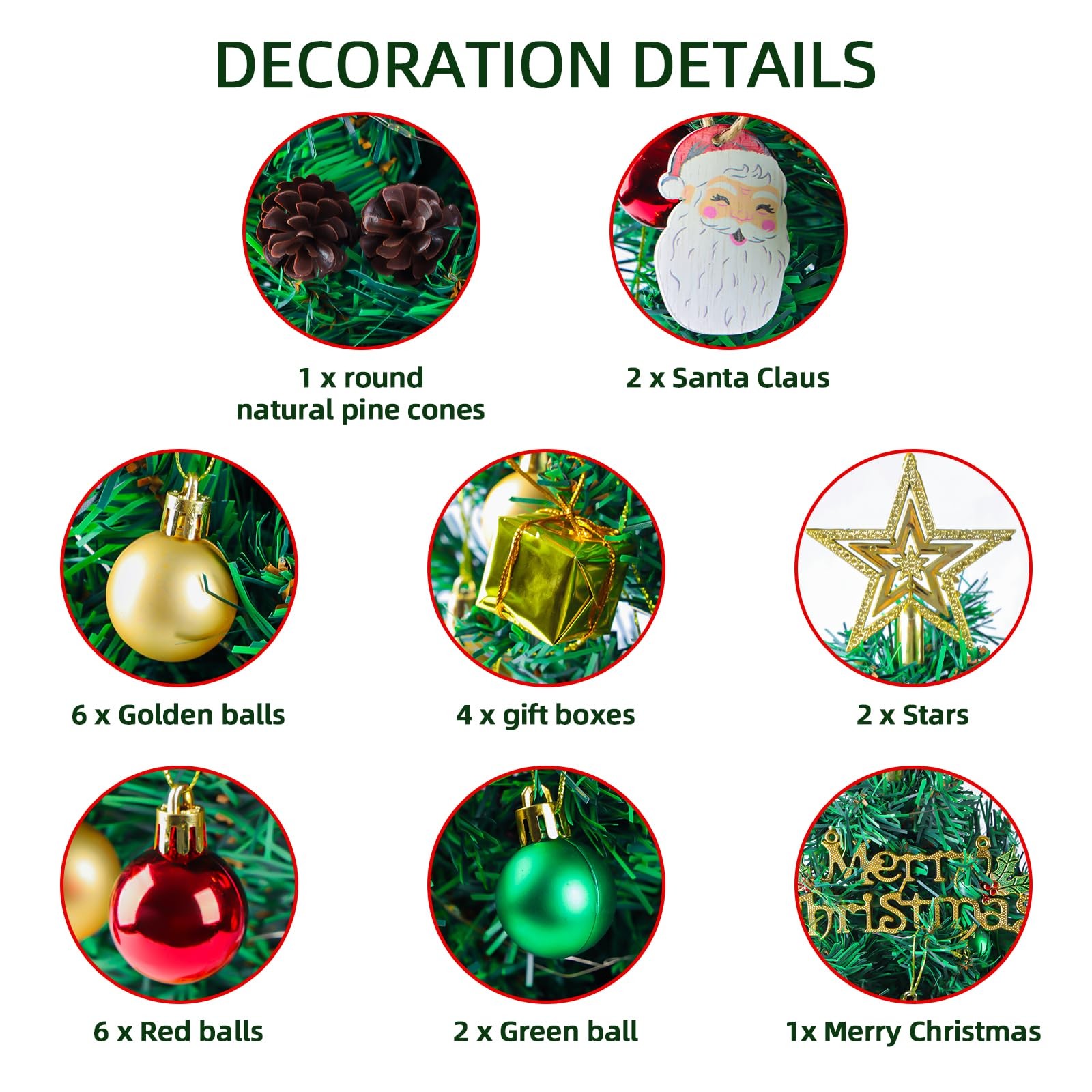 23 Inch Mini Tabletop Christmas Tree Lights Star Topper Hanging Ornaments