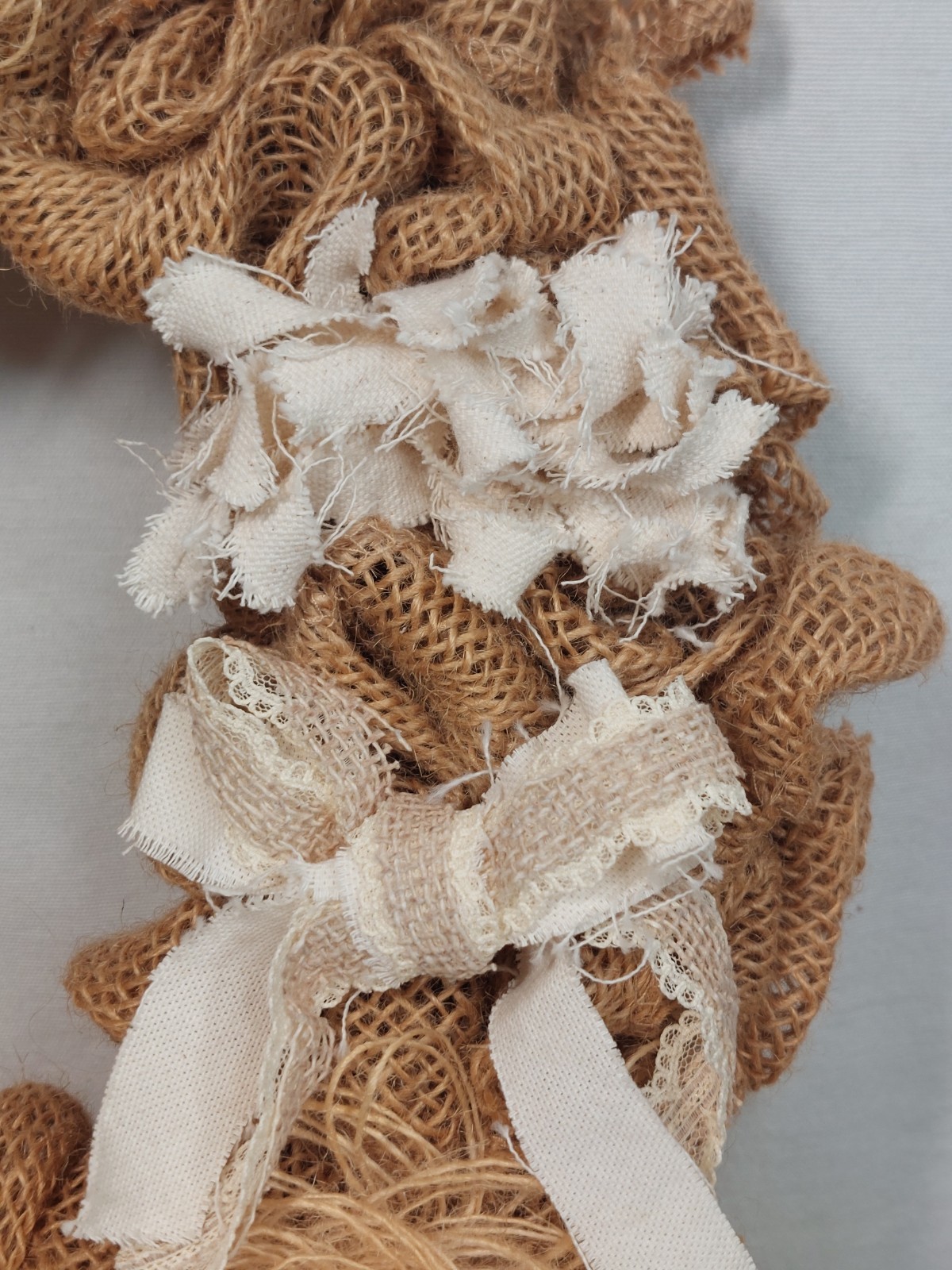 13″ Brown White Rose Flower Farmhouse Burlap Wreath Cottage Core Elegant Rustic