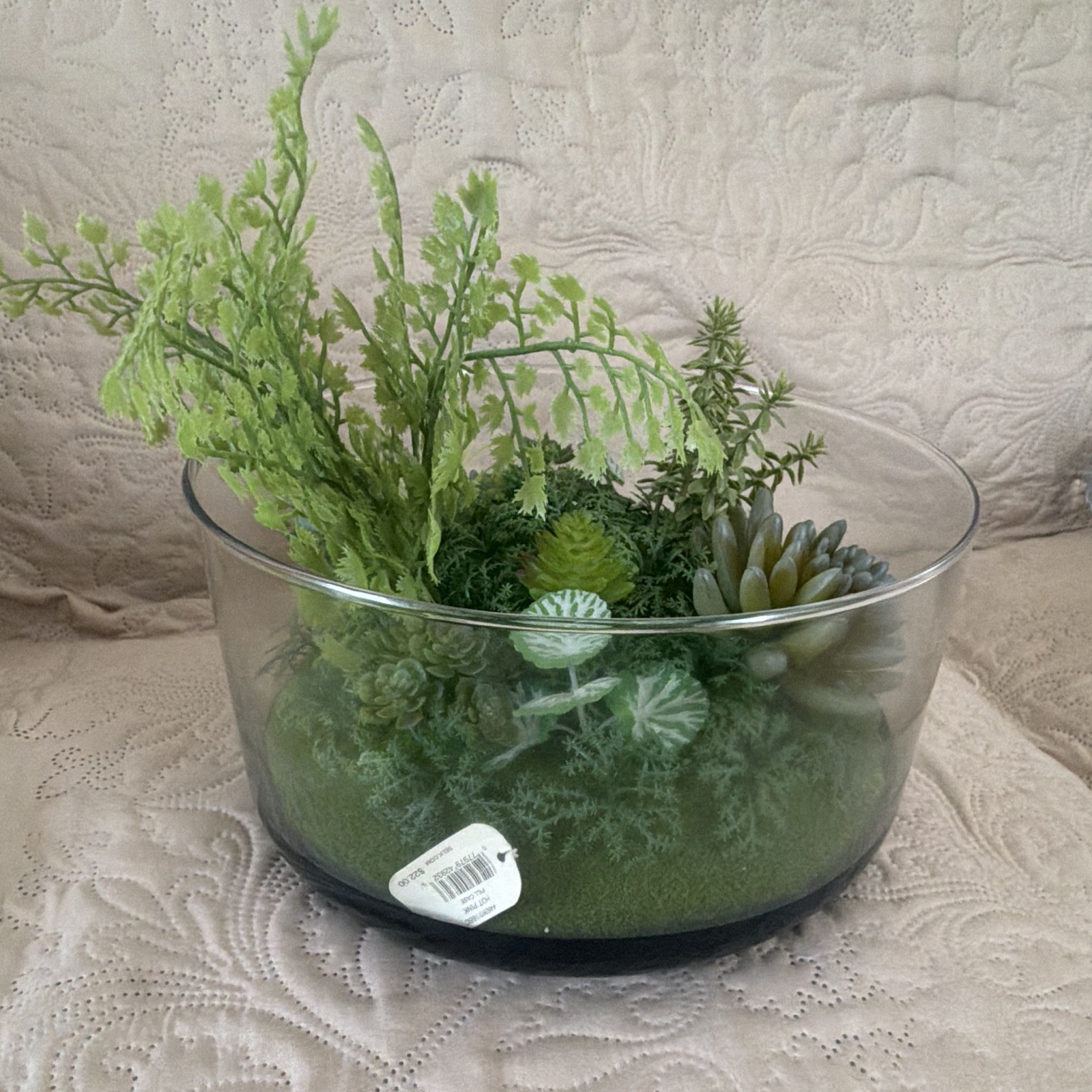 Artificial Succulent & Fern Centerpiece Arrangement in Clear Glass Bowl, Green