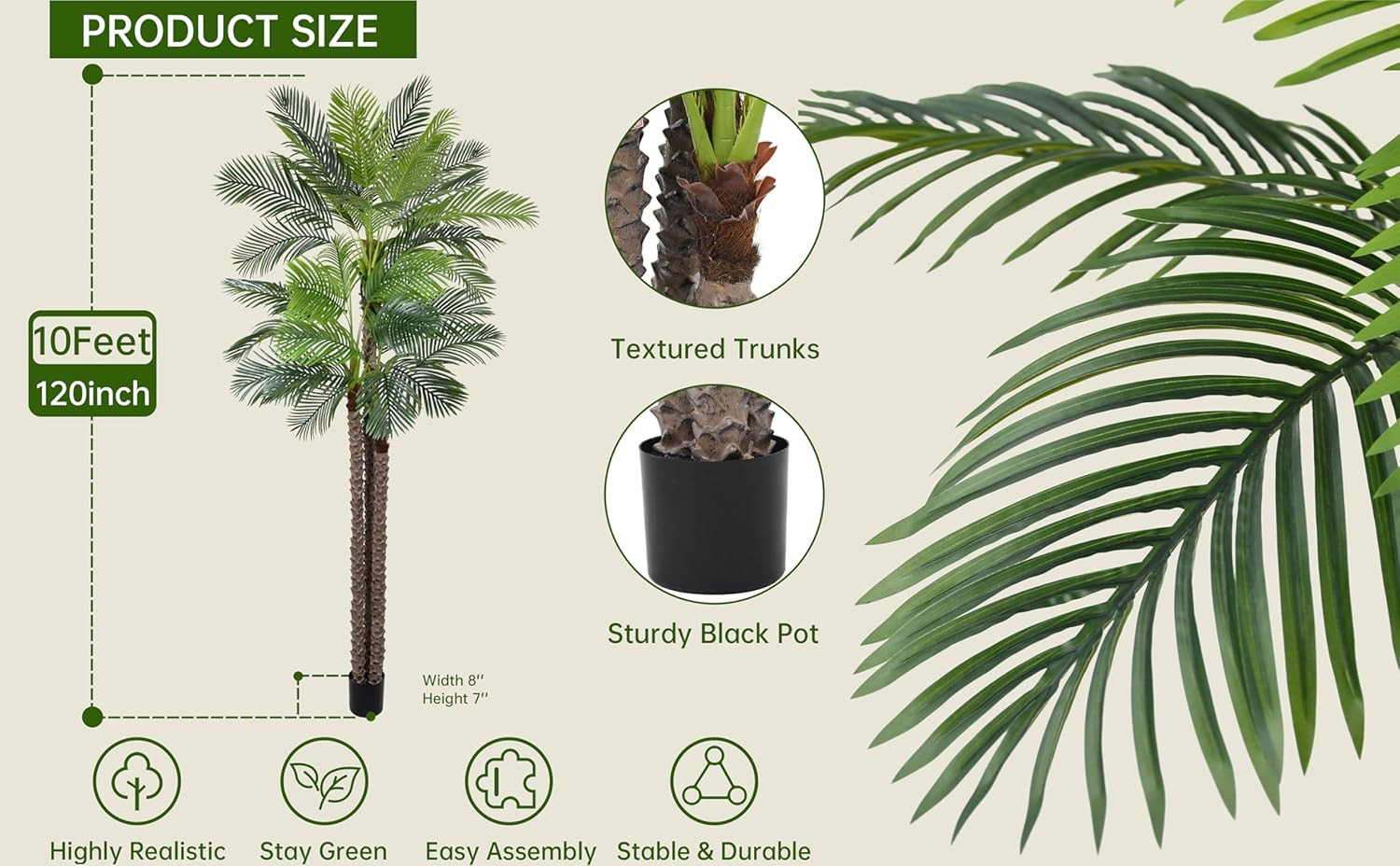 10Ft Artificial Triple Phoenix Palm Tree – Realistic Faux Plant for Home Decor