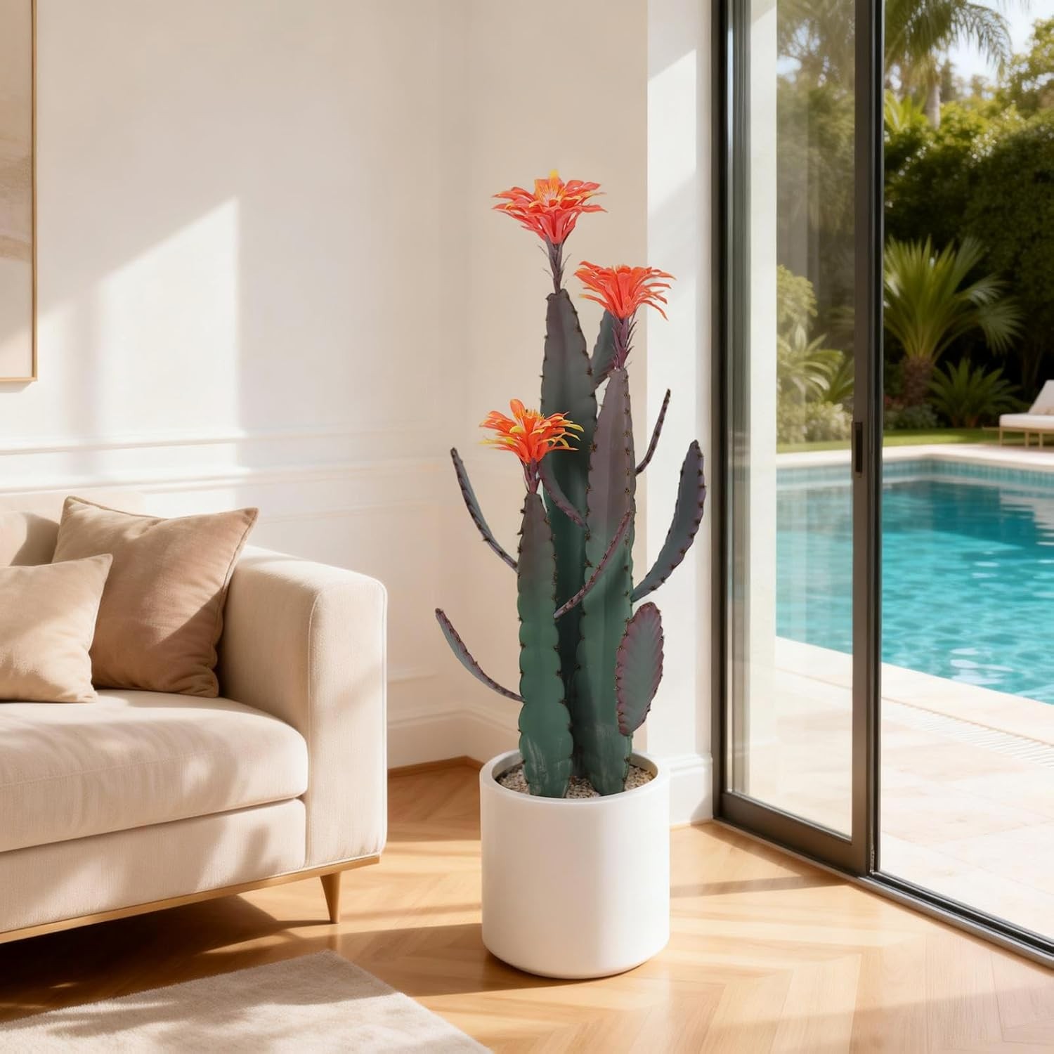 Artificial Cactus in Pot with Stone and Red Flower, Decorative Desert Cacti