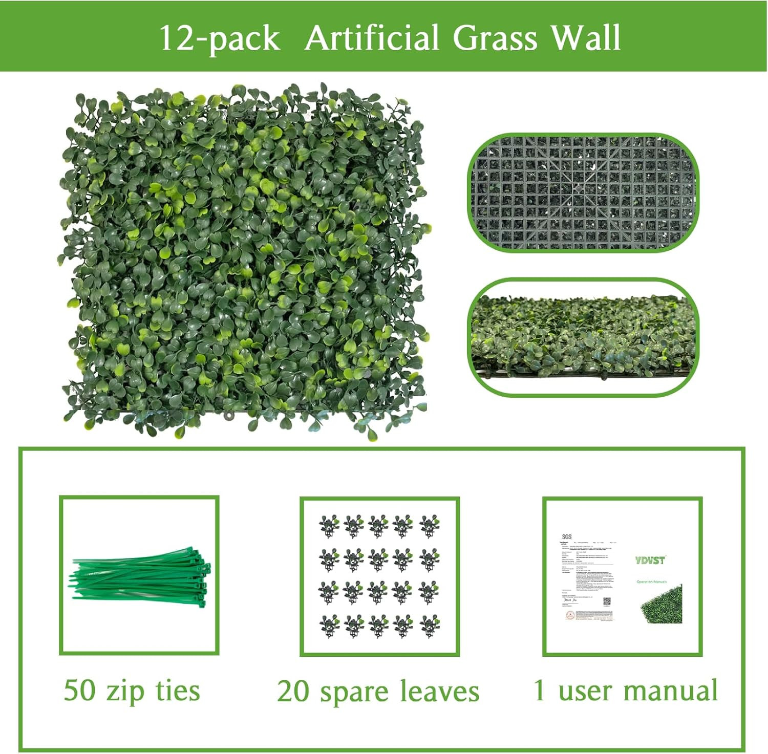 Grass Wall Panels 12 PCS 10″x 10″ Artificial Boxwood Panels with 50 Zip Ties, Fa