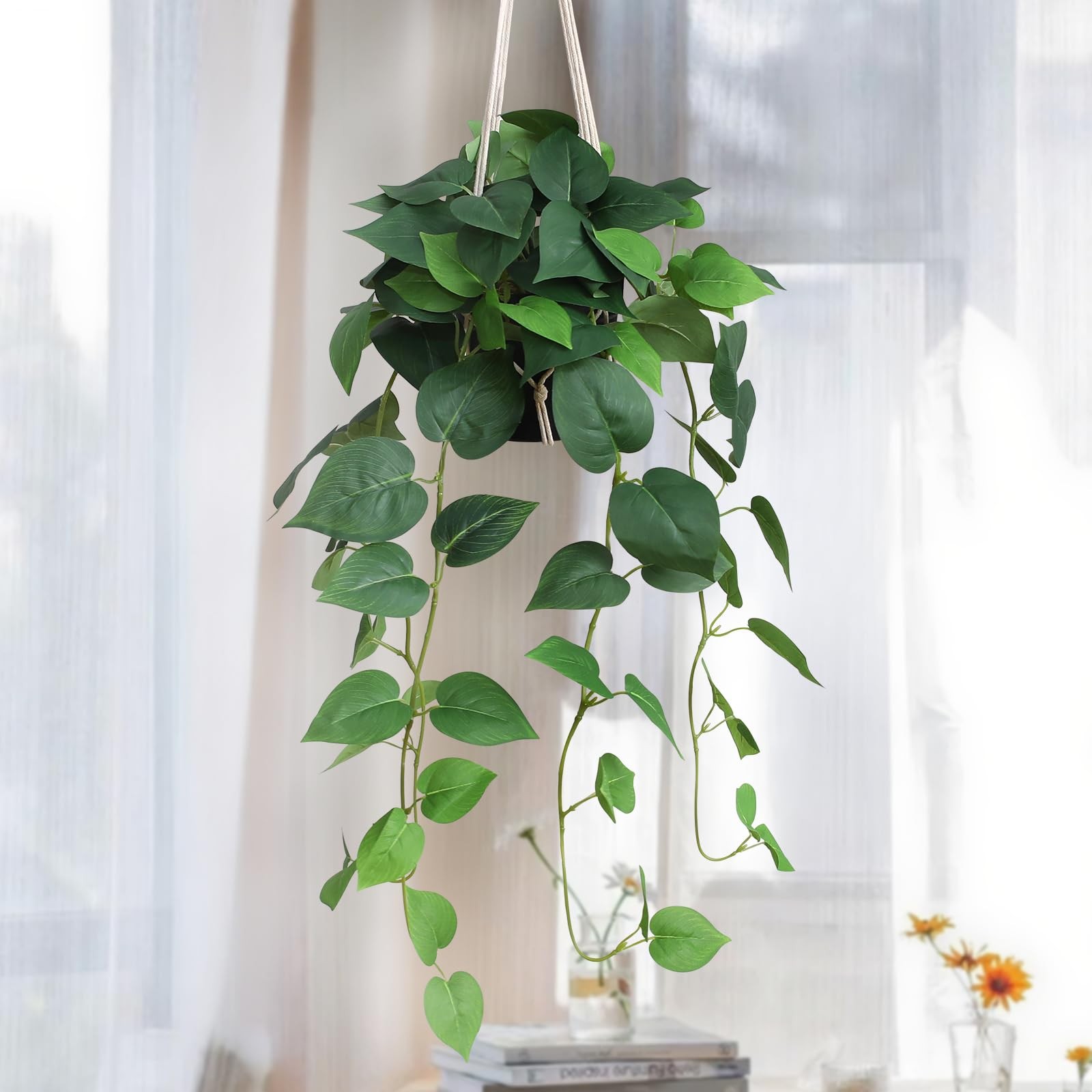 Realistic Silk Hanging Devil’s Ivy Pothos Potted Vine Faux Greenery Plant