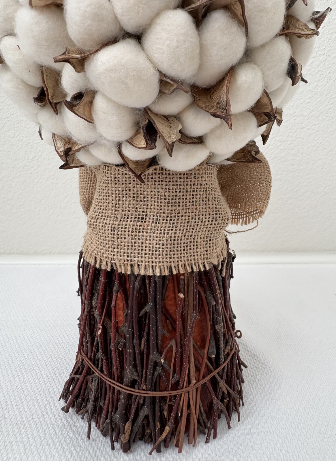 Cotton Stalk Bouquet Combined with Burlap Ribbon, Home Decor 13″x7″ (5″ at base)