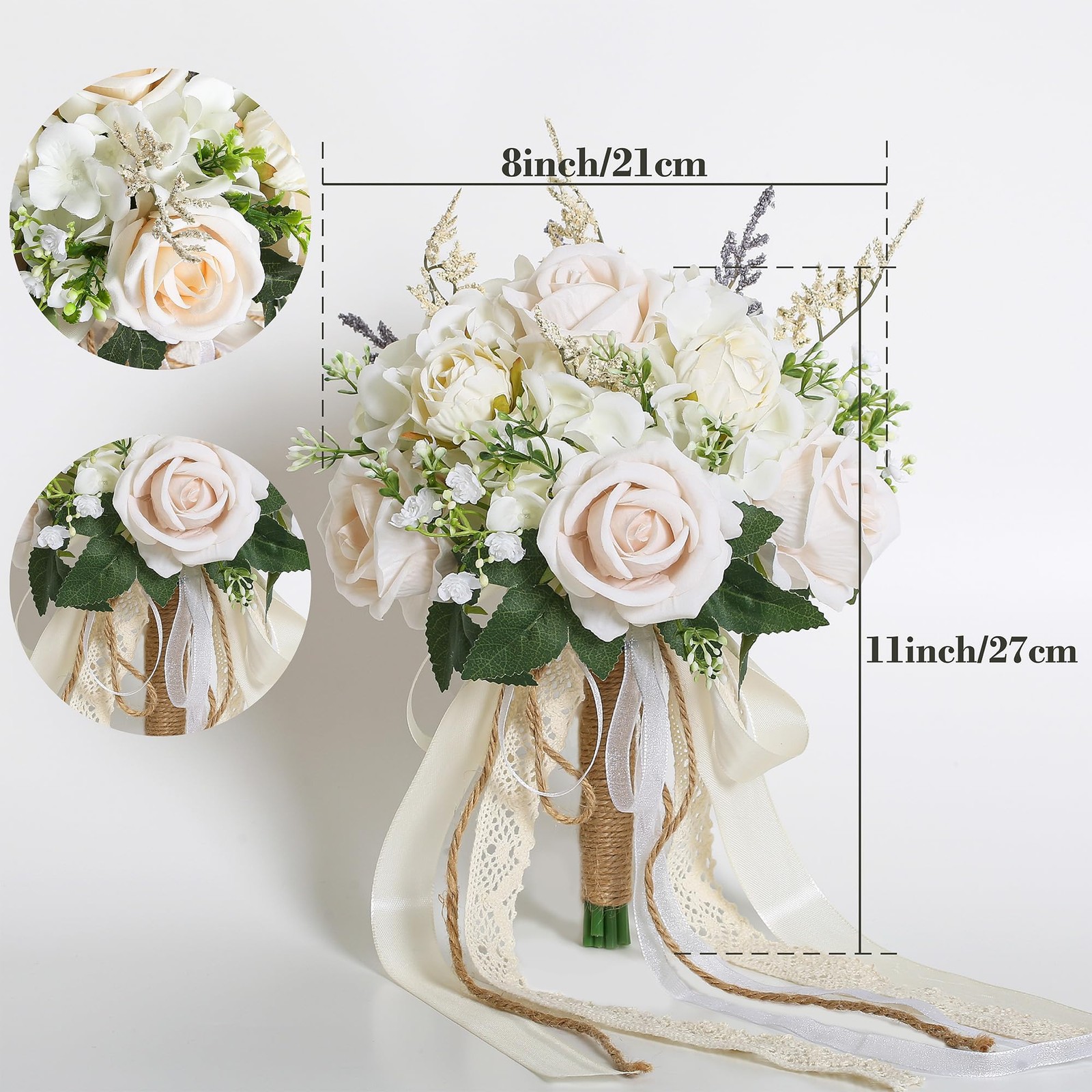 EZsenses Wedding Bouquets for Bride Bridesmaid, White Champagne Artificial Ro…