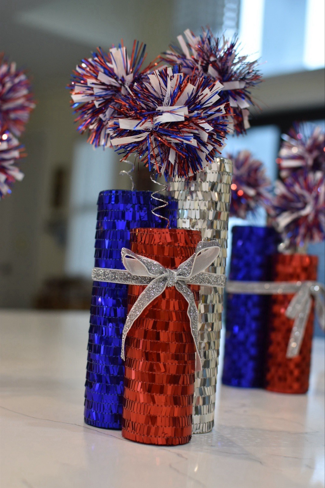Set of Three Firecracker Centerpieces Red White and Blue Sequence USA Patriotic
