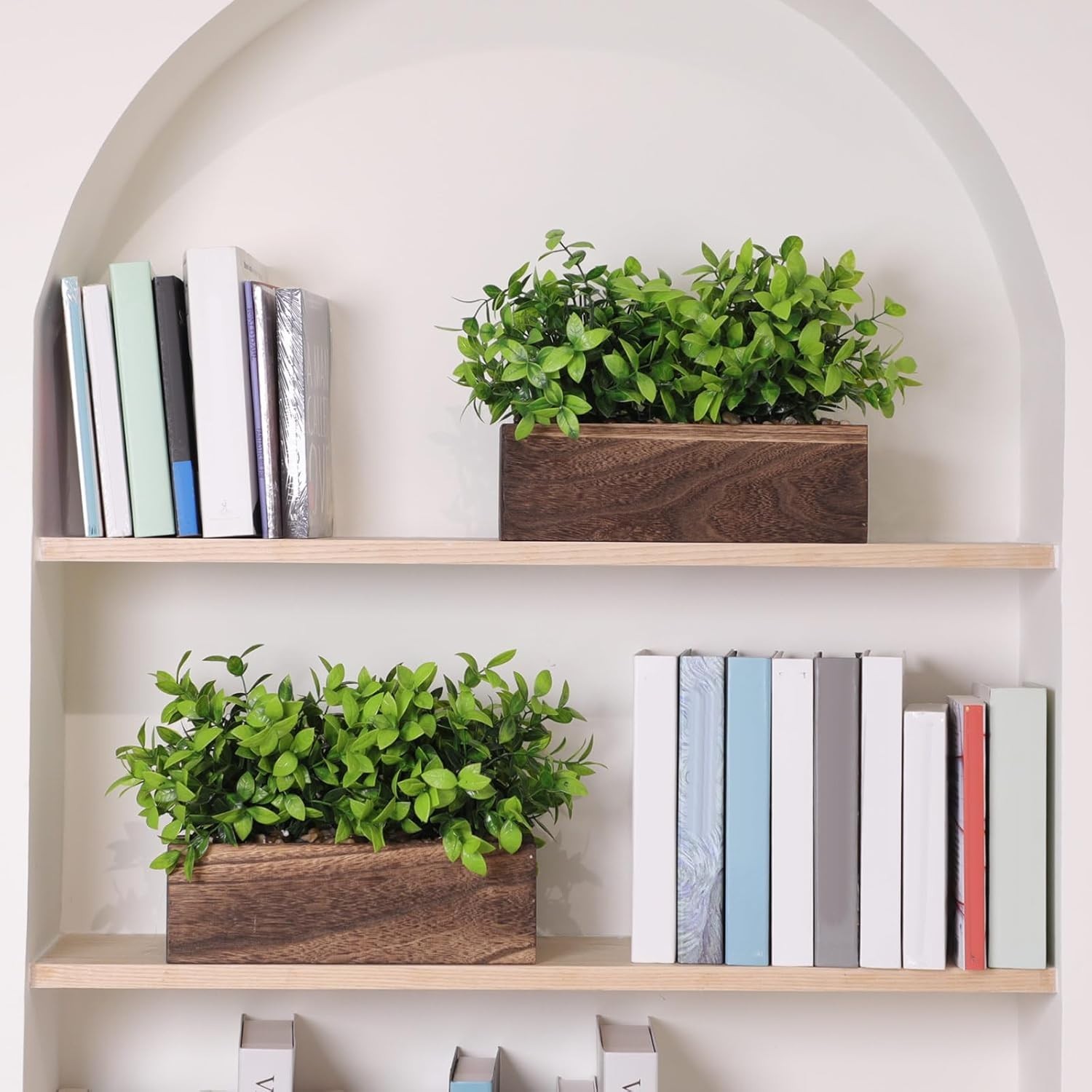 NEW 4 Pack Artificial Eucalyptus Plants Wooden Planter Box Brown 11.4 TableTop