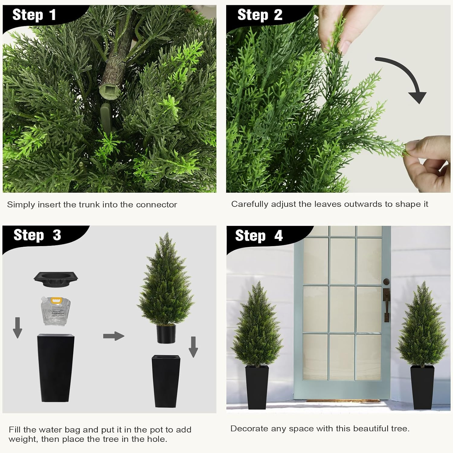 4FT Tall 2 Pack Artificial Cedar Topiary Trees with Compact Pyramidal Shape, Rea