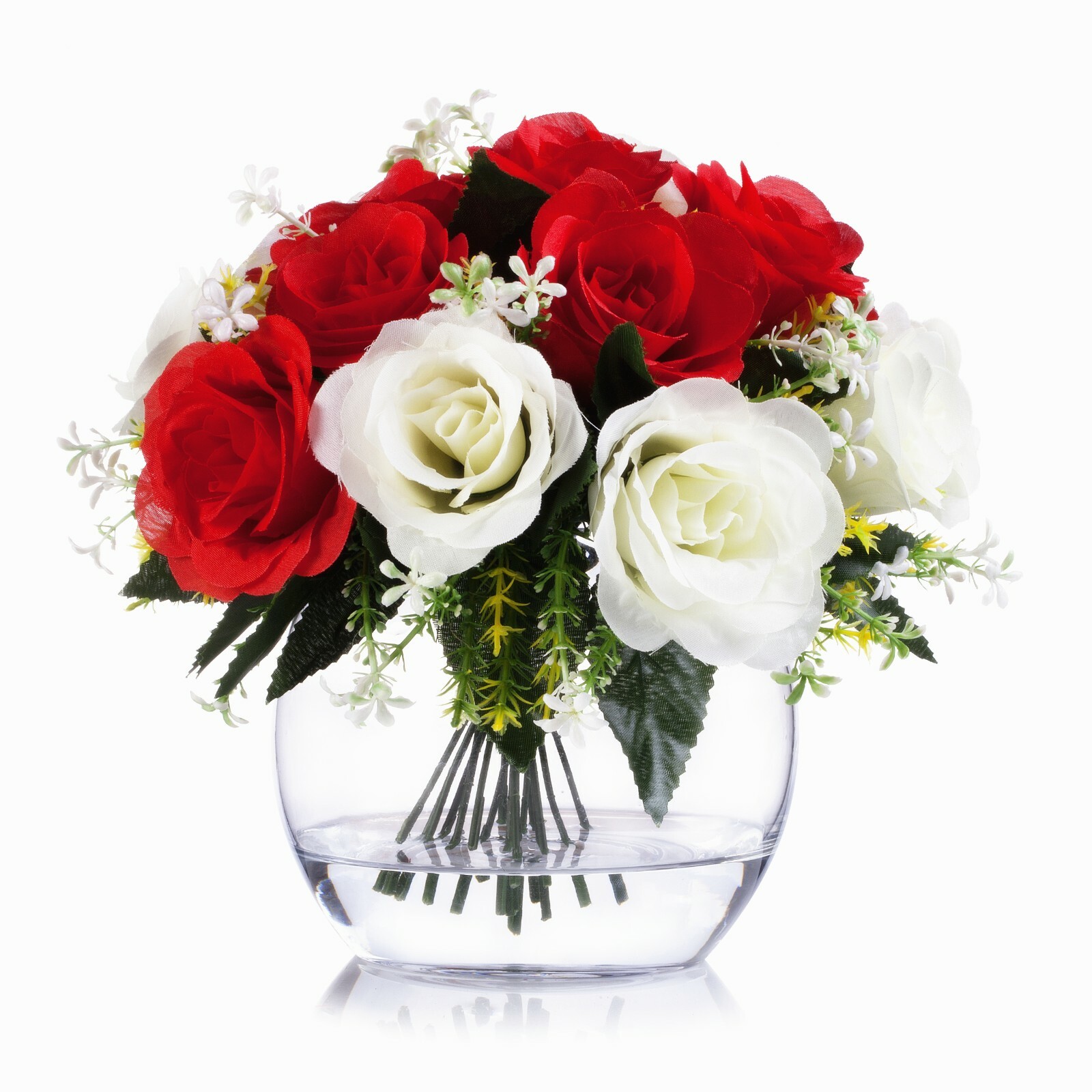 Artificial Silk Open Rose Flower Arrangement in Clear Glass Vase with Faux Water