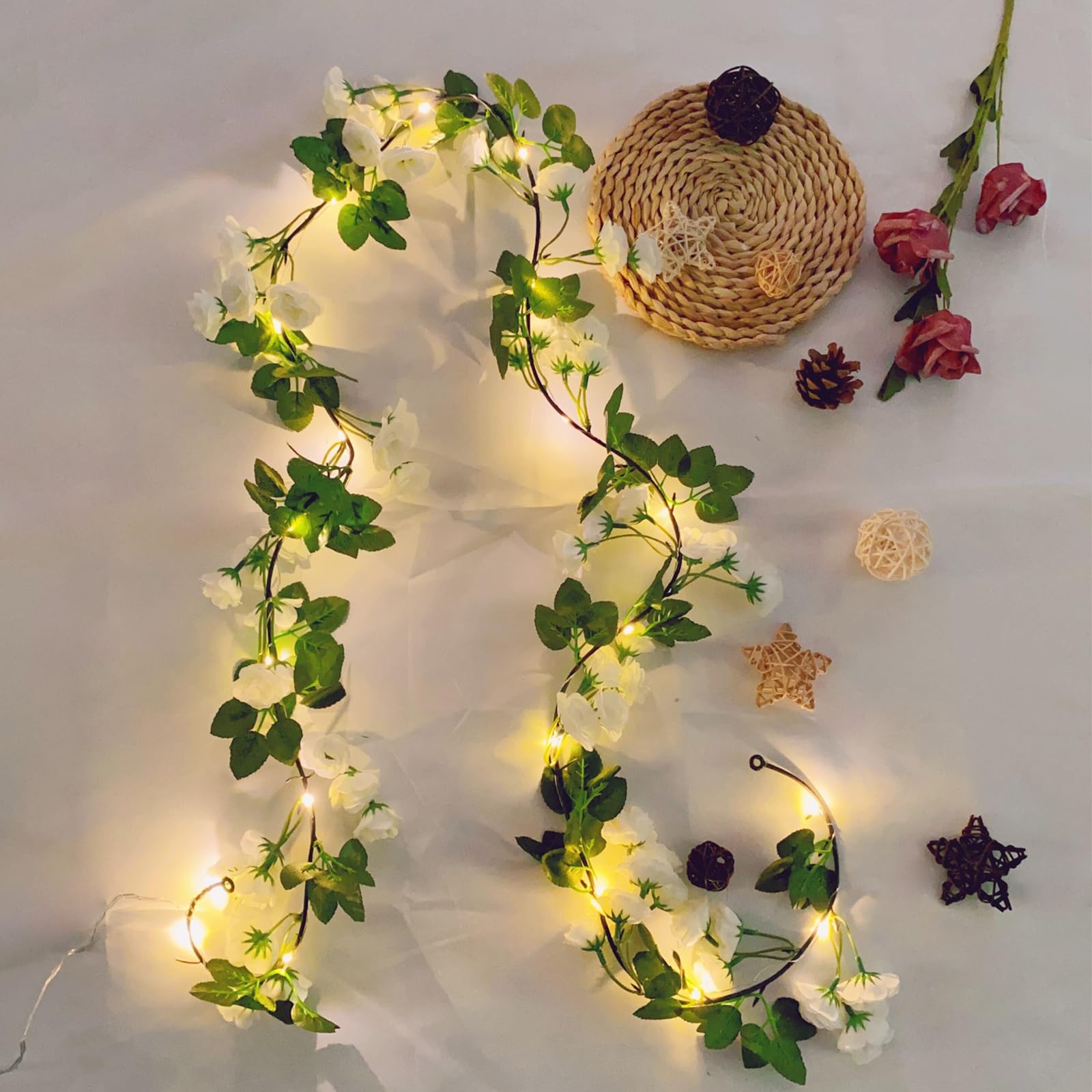 20 LED Rose Flower String Lights with Timer, 6FT Artificial Flower Garland wi…