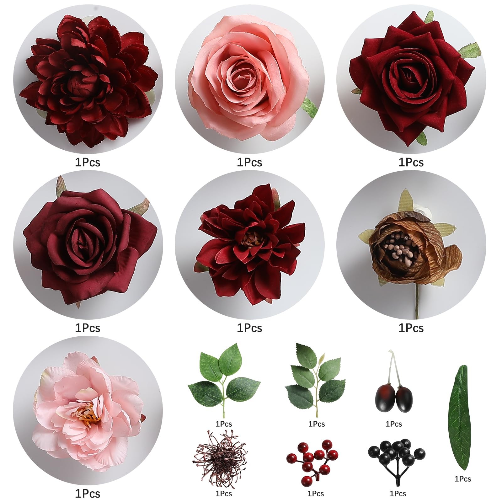 Mature Burgundy Silk Artificial Flowers Combo Box Set Wedding Bouquet Decor