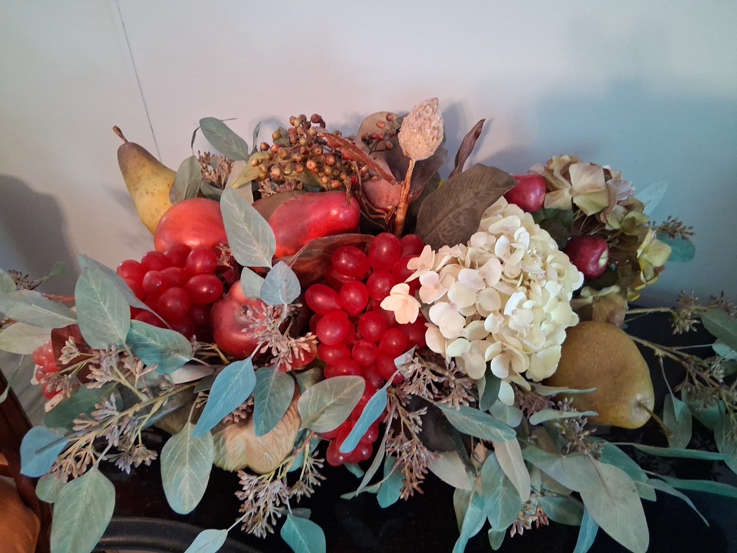 Large Vintage Faux Fruits and Flowers Centerpiece In Basket, Victorian Style