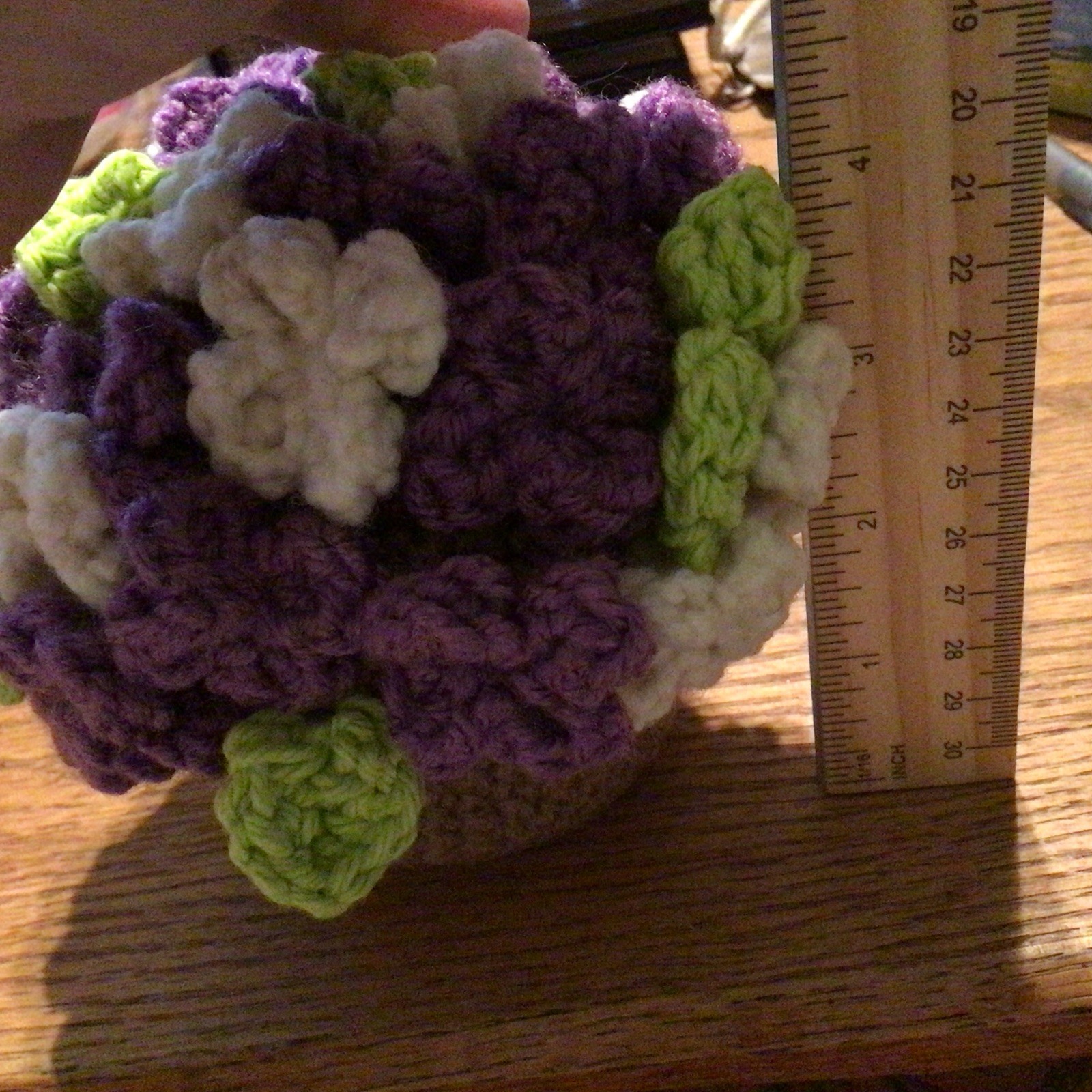 Crochet Bouquet in Yarn Vase, Handmade Floral, Purple, white, green, brown