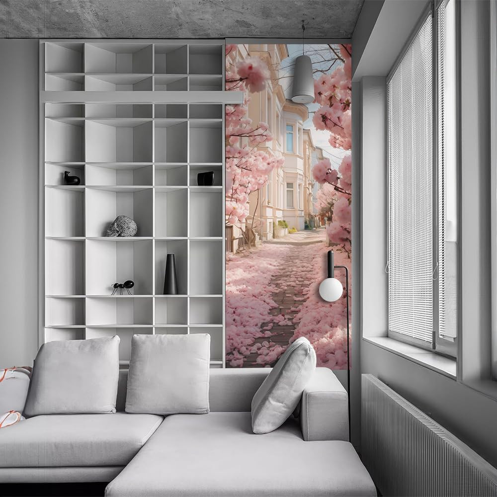 Pink Cherry Flower Blossom Pathway Landscape Peel and Stick Door Stickers Vinyl