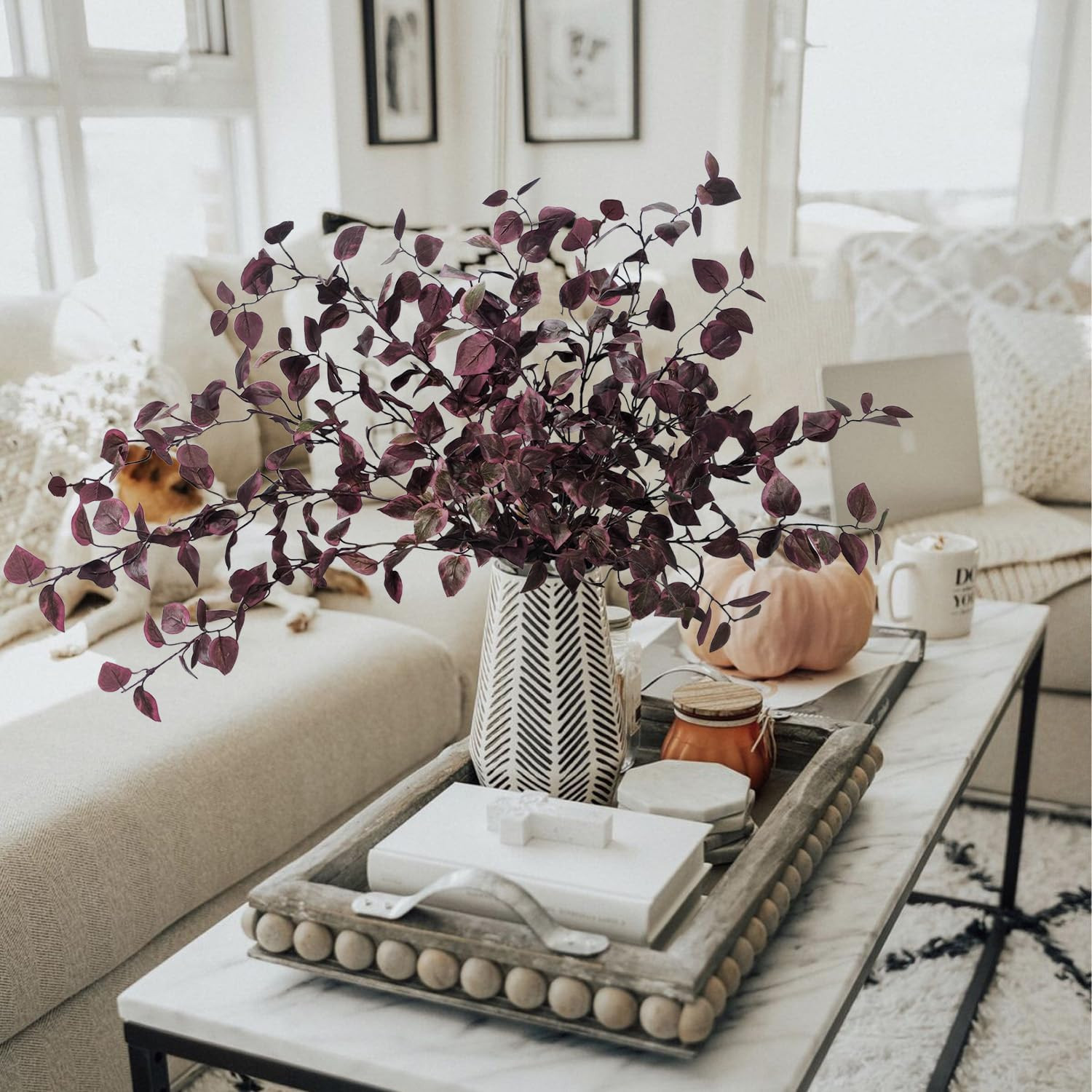 6PCS Burgundy Eucalyptus Stems – Lifelike Faux Fall Flowers for Home Decor