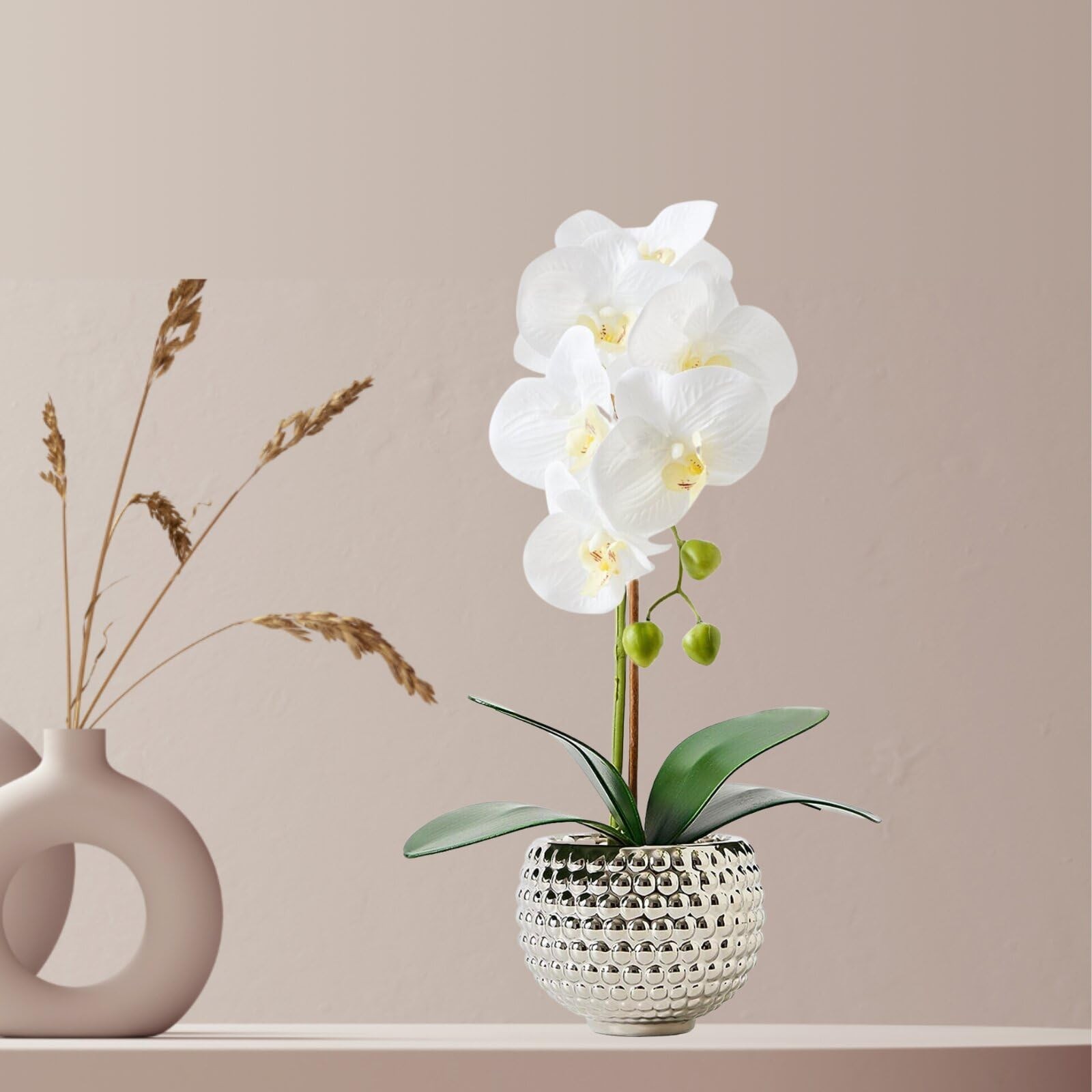 Artificial Orchids Flowers in Silver Pot Large Fake Plant Vase Home Decor