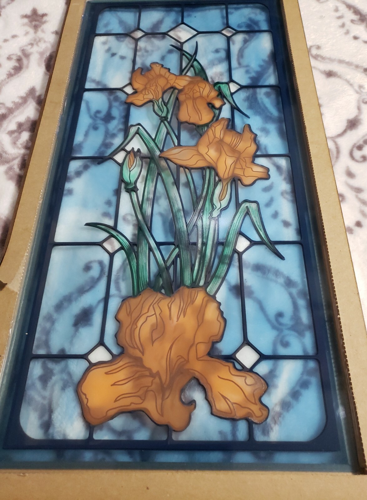 Peach Iris Blue Background Stained Glass Look 23″H x 11.5″W Framed