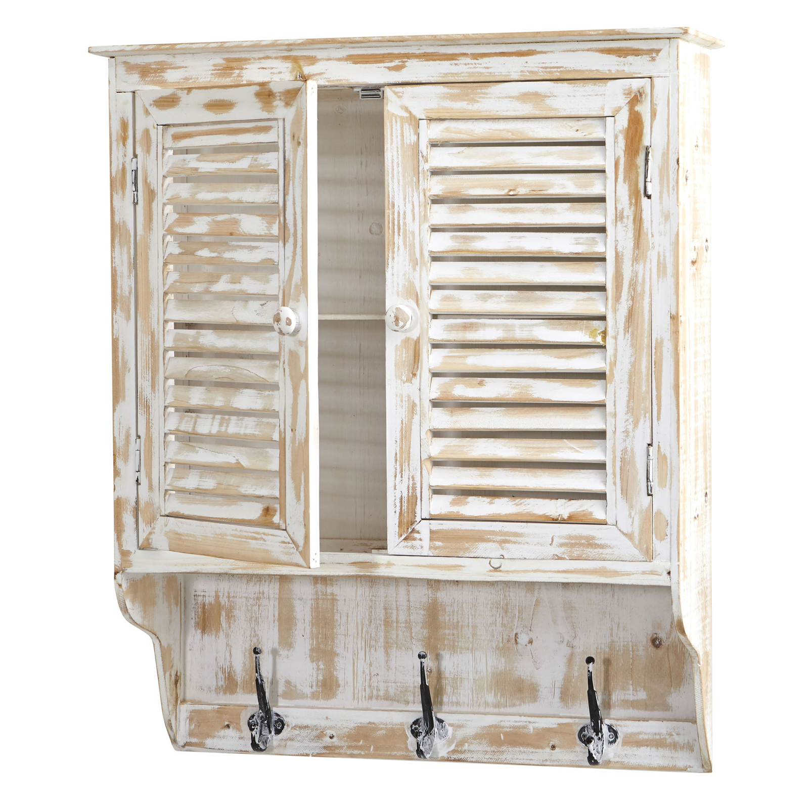 32″ White Washed Wall Cabinet Two Door Drawer Hooks Hangable