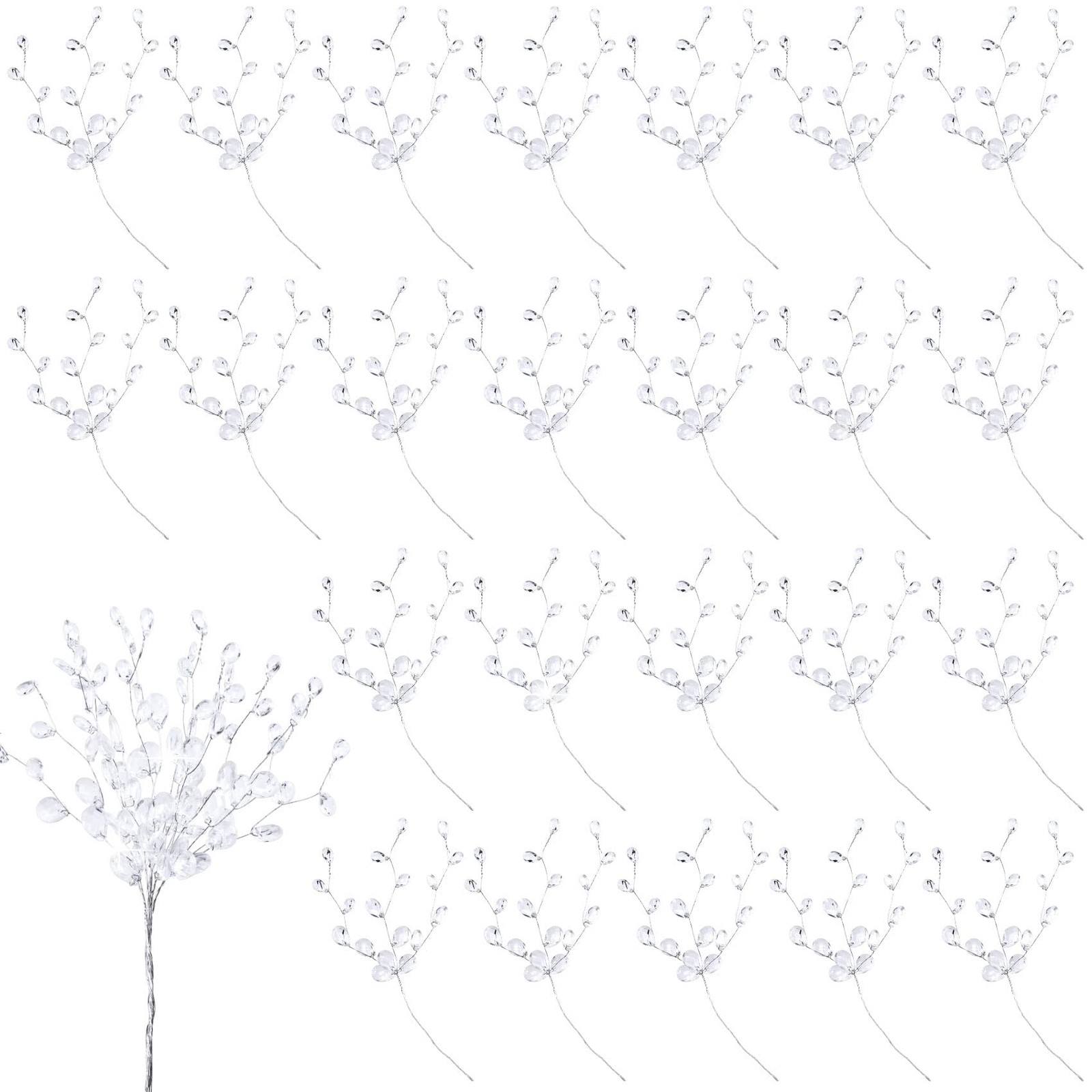 25 PCS Acrylic Crystal Flower Branches Artificial Bead Drop White Picks