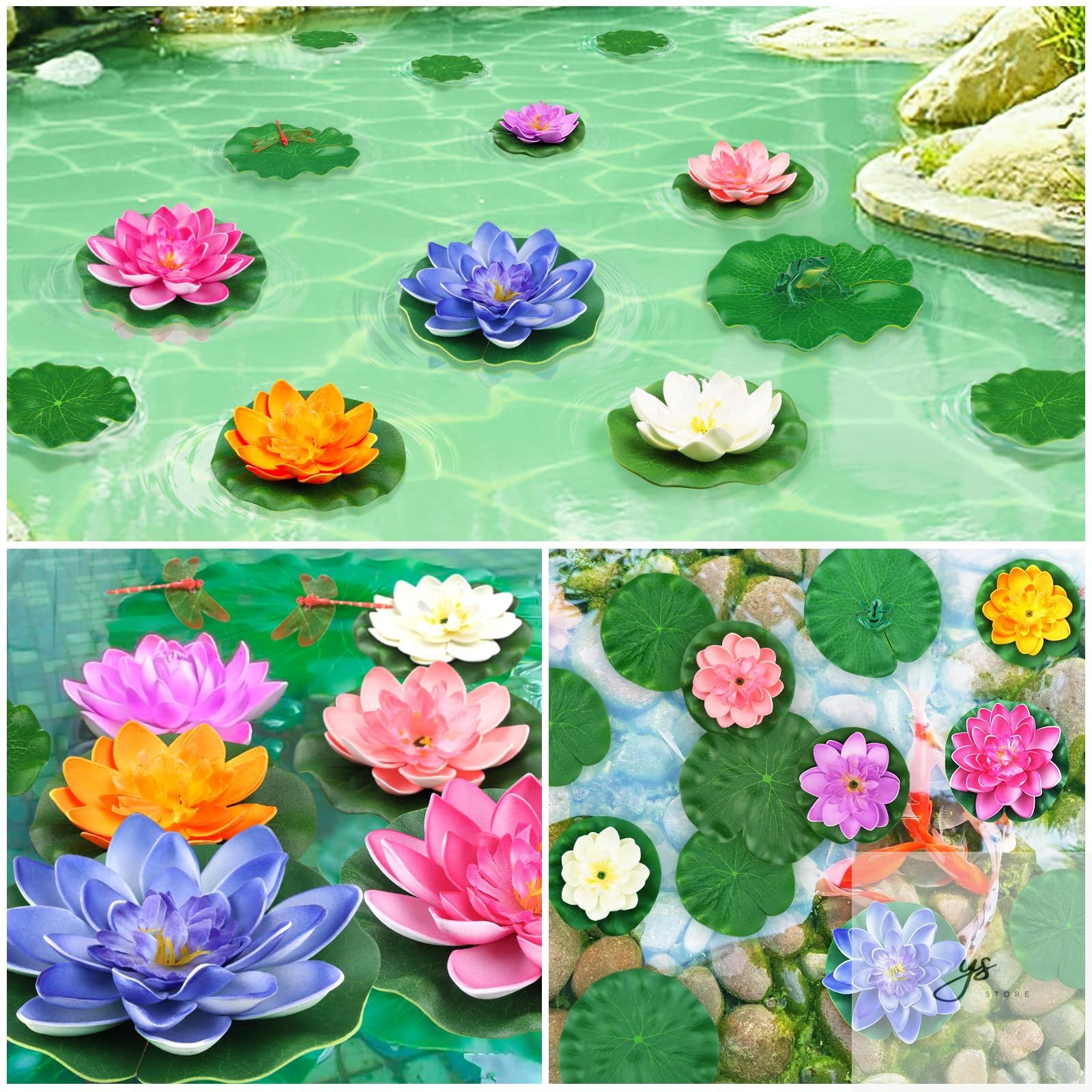 22 Pack Artificial Floating Foam Lotus Flowers with Artificial Frog Lotus Leaves