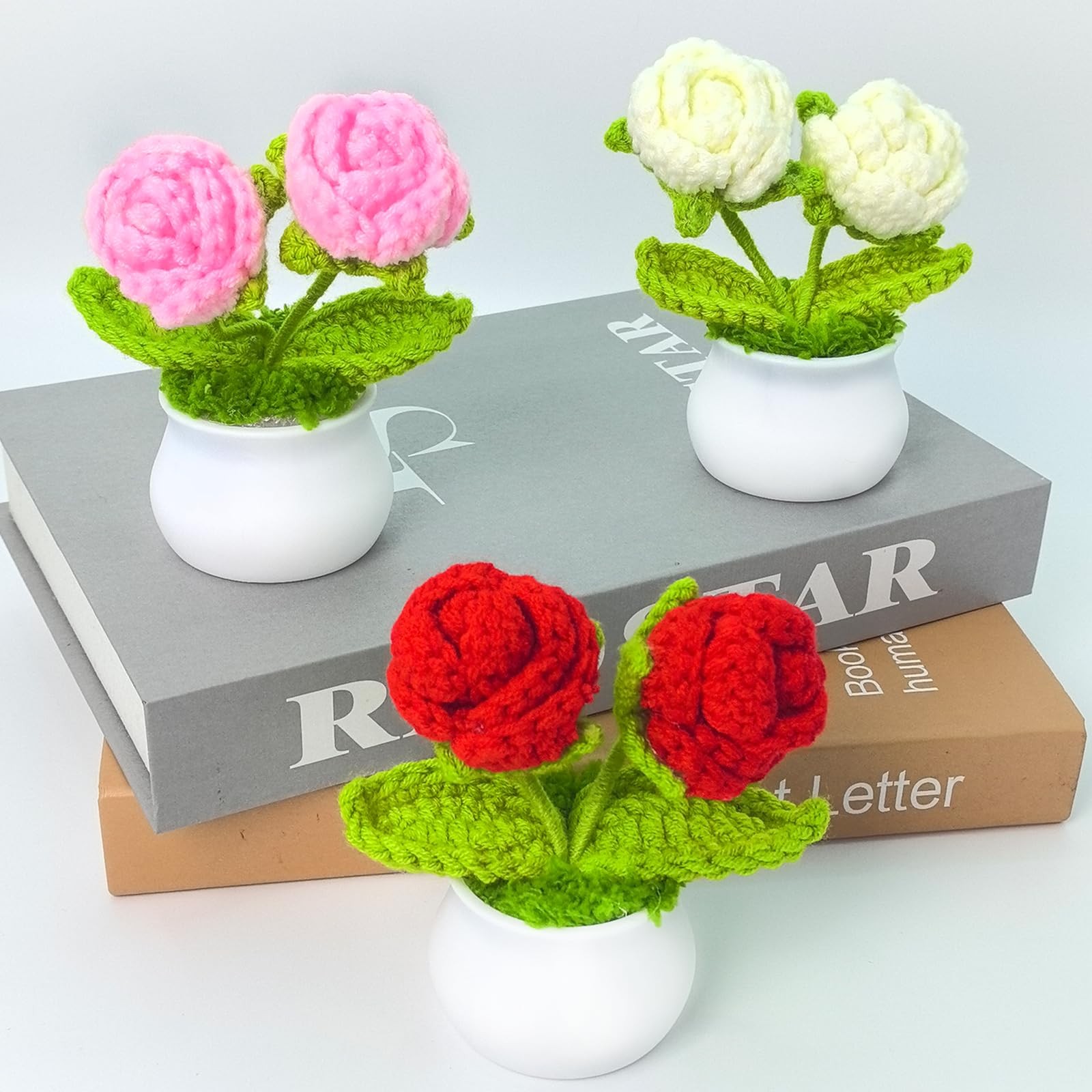 Crochet Flowers Artificial Sunflower 3 PCS Small Potted Plants 2 Heads Roses