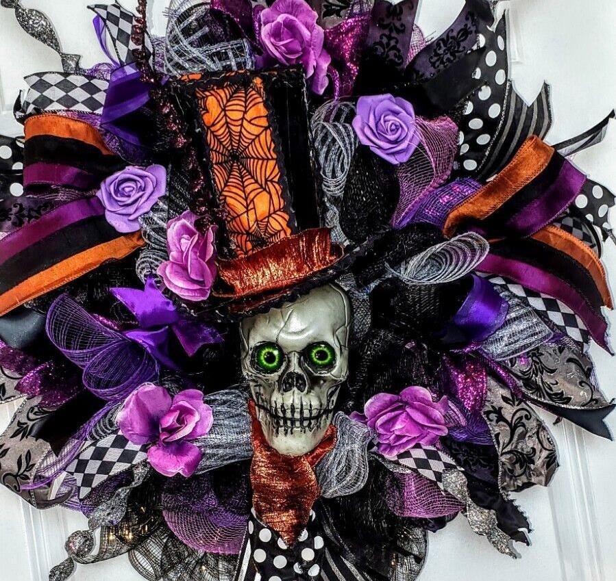 Halloween Wreath Decoration Large Deco Mesh Skull Top Hat Front Door Decoration