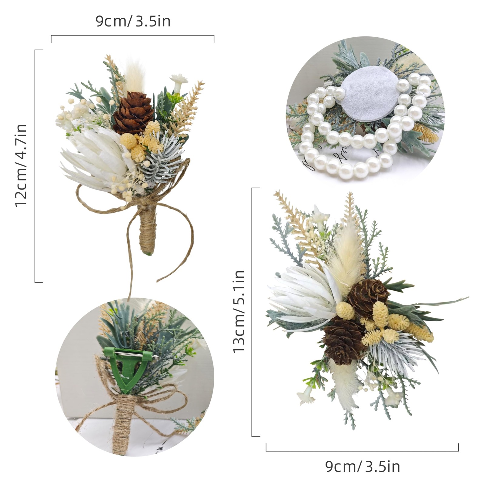 2 PCS Dried Rustic Artificial Wrist Corsage Boutonniere Set Bride Groom Prom