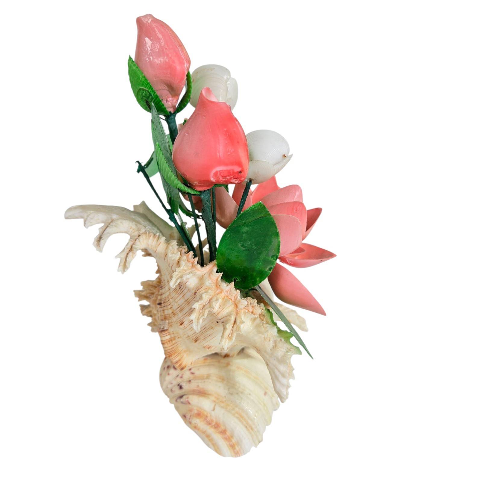 Vintage Seashell Flower Arrangement Pink Green Bouquet Decor Tropical Cottage