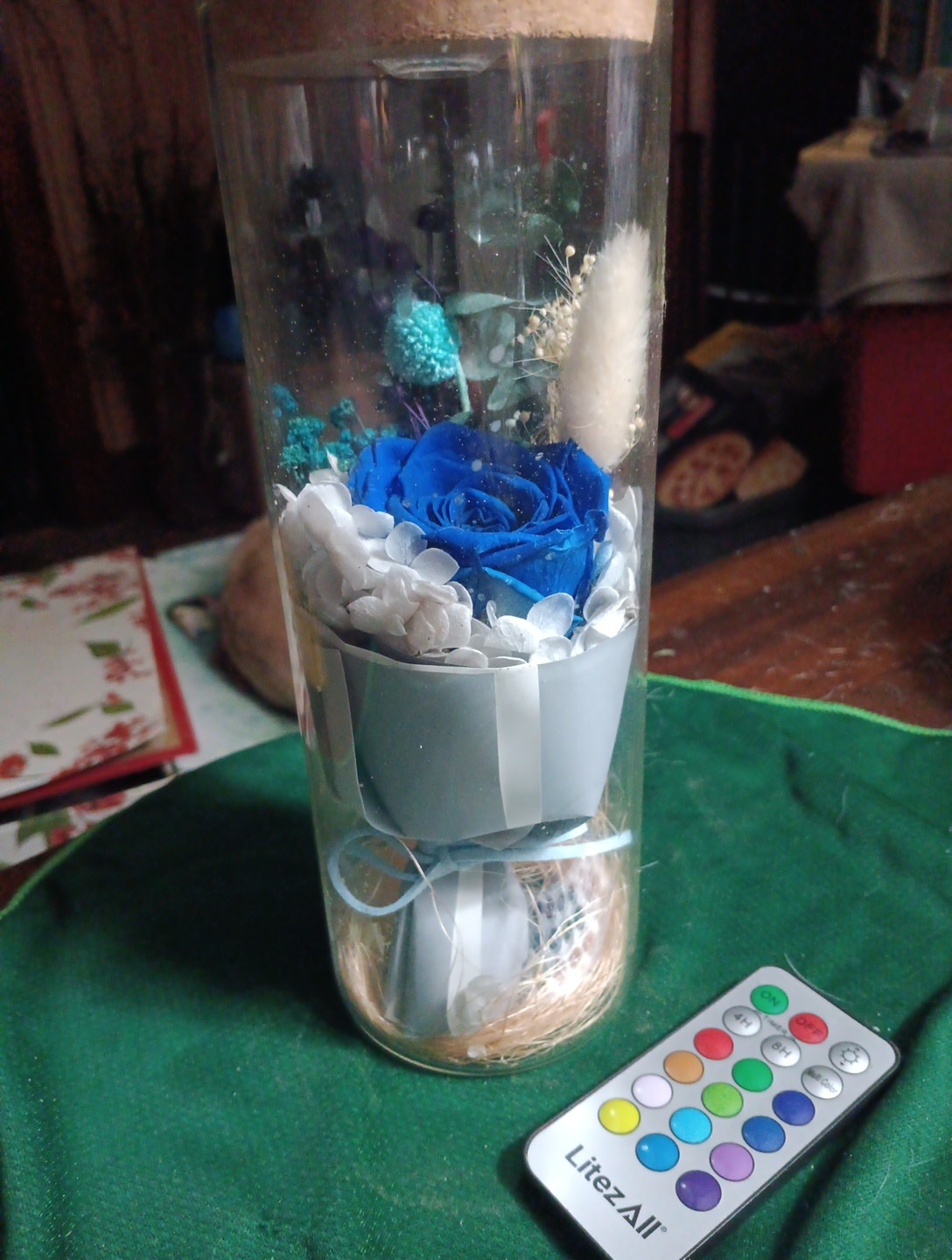 Blue Preserved Eternal Rose Flower In Jar With LED Light N Remote