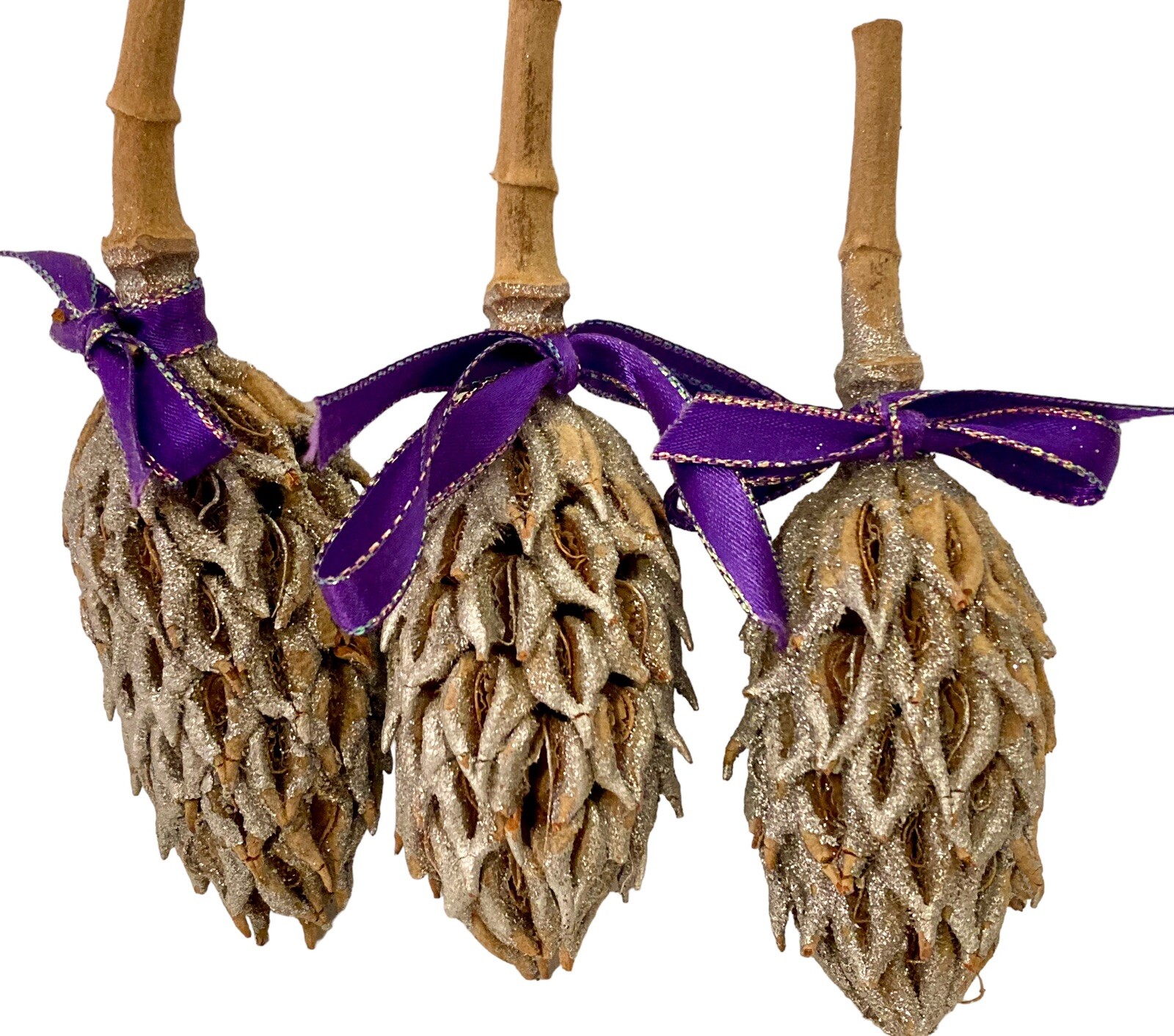 13 Magnolia Seed Pods Decor Silver Glittered Purple Ribbon Bows