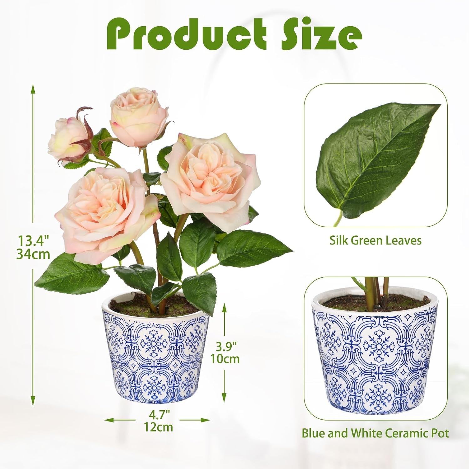 Light Pink Real Touch Roses Artificial Flowers in Vase Blue and White Porcelain