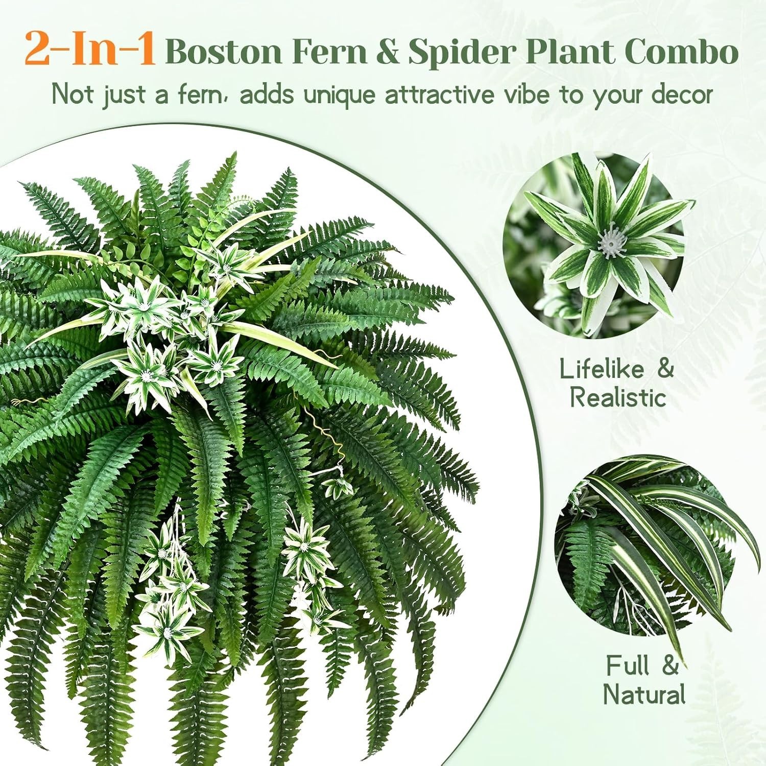 60″ 2-Pc UV Resistant Faux Ferns & Spider Plants for Indoor/Outdoor Decor