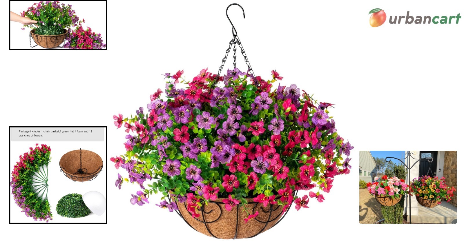 Realistic Faux Hanging Flower Basket for Outdoor Decor
