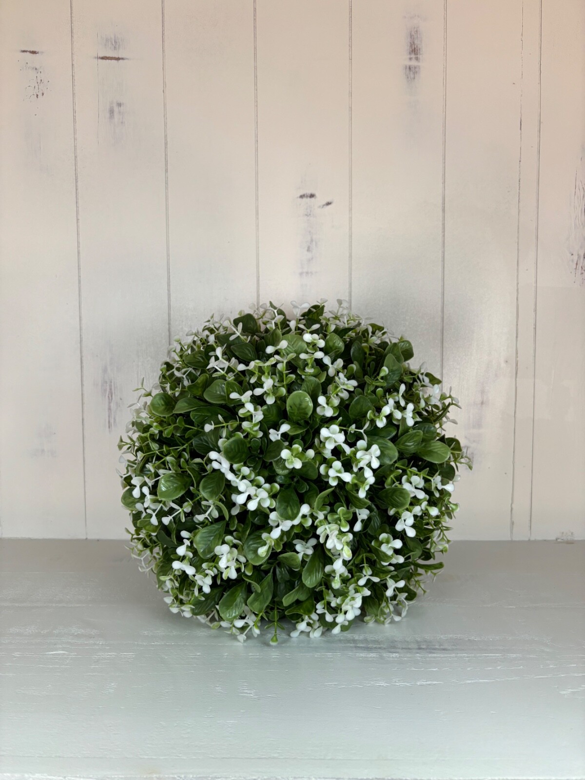 W&C Artificial Boxwood Topiary Ball With White Blooms -The Lane, 17 in, UV Rated