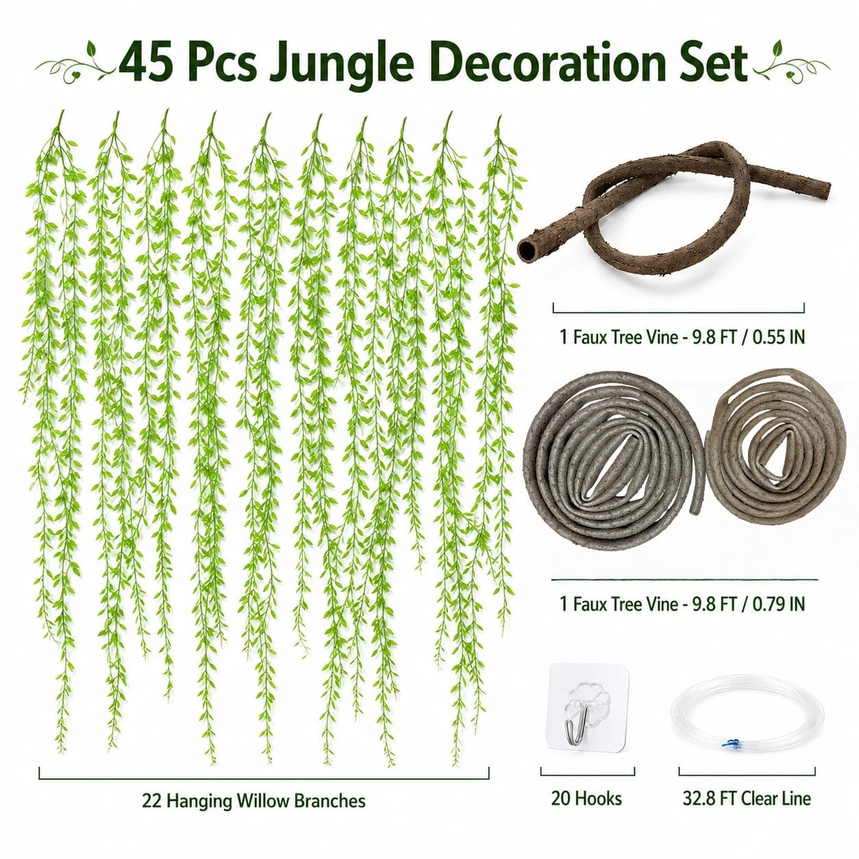 45 PCS Jungle Decoration Set, 75.8ft Artificial Hanging Willow Vines